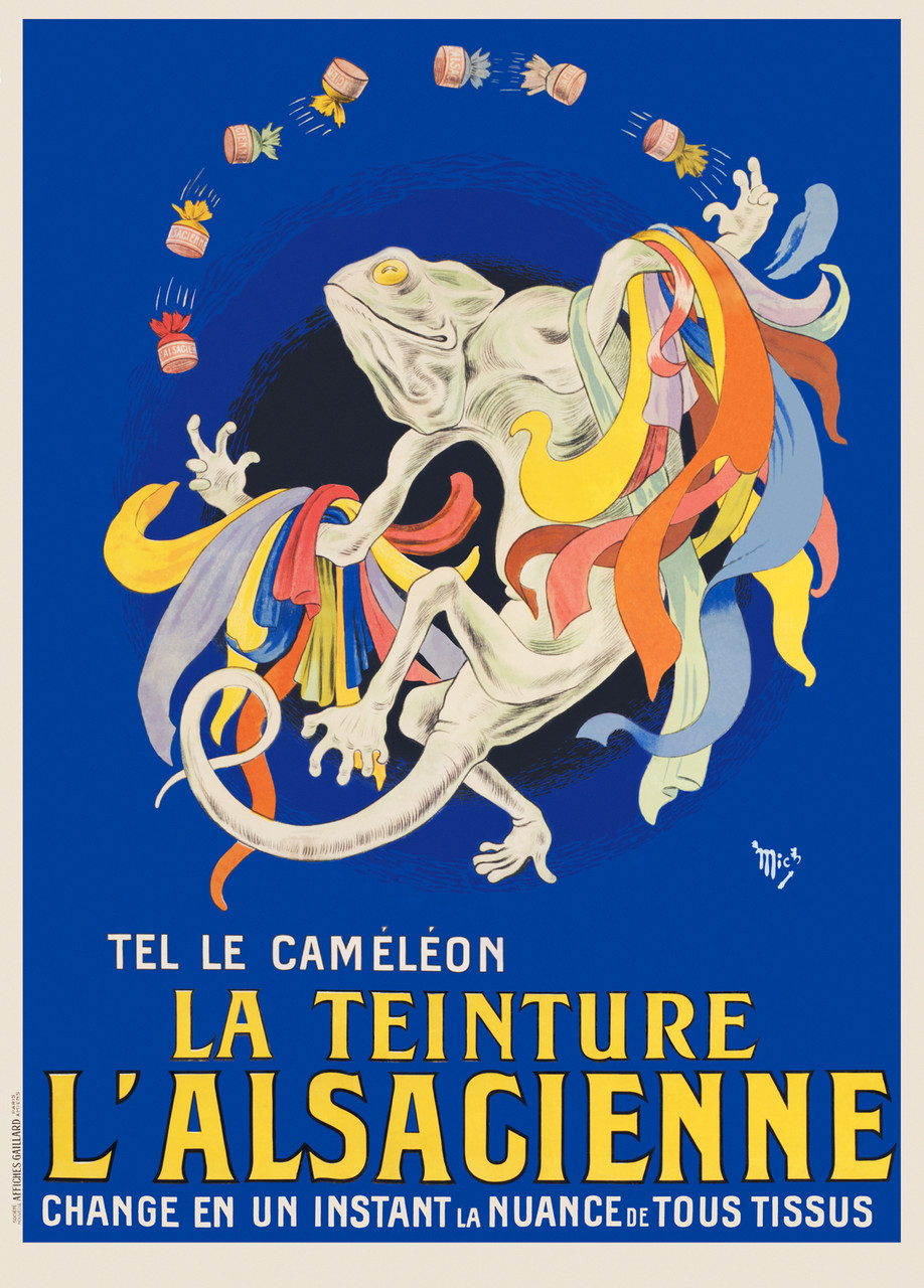 La Teinture L'Alsacienne poster by Mich (Michael Liebeaux) French - Beautiful Vintage Poster Reproduction. This vertical French poster features a lizard wrapped in colorful fabric throwing dye on a royal background. Giclee Advertising Print. Classic Posters