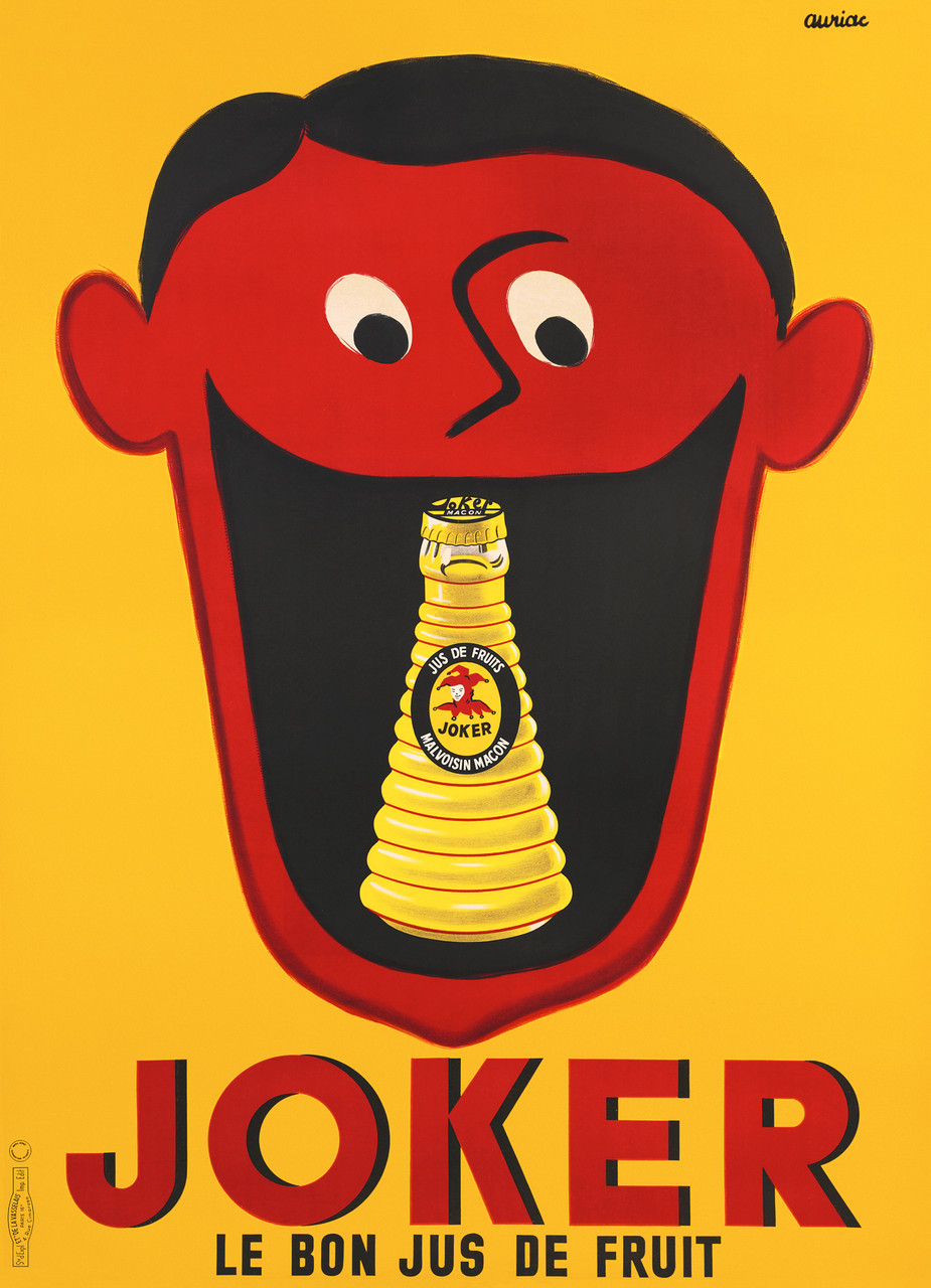 Joker Le Bon Jus De Fruit by Auriac 1948 Vintage Poster Reproduction. This French food poster features a red face on a yellow background with a fruit juice battle in his mouth.. Giclee Advertising Print. Classic food Posters.