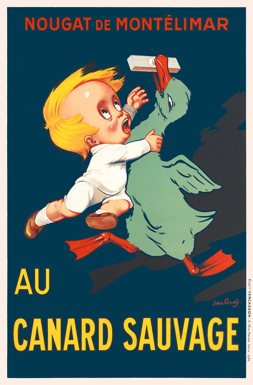 Nougat De Montelimar Au Canard Sauvage Vintage Poster by John Onwy 1936 French Food Advertisement – High Quality Giclee Reproduction Fine Art Print. Featuring a playful scene with a child chasing a green duck holding a piece of nougat, set against a bold, contrasting blue background.