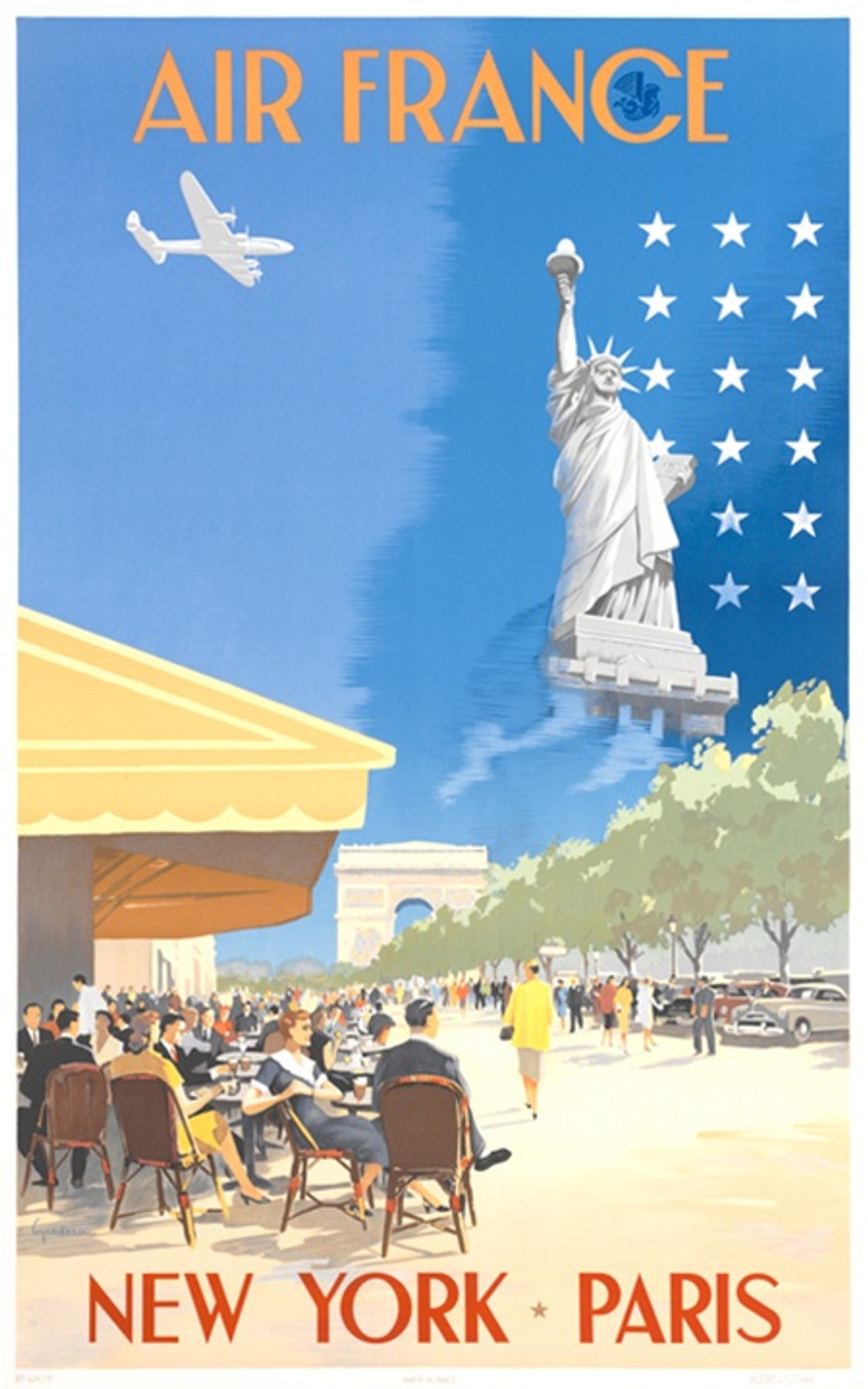 Air France Paris New York poster from 1951- Vintage Posters Reproductions. French travel poster features New York city outdoor restaurants with people siting and walking looking at statue liberty and a plane flying above. Giclee Advertising Prints.