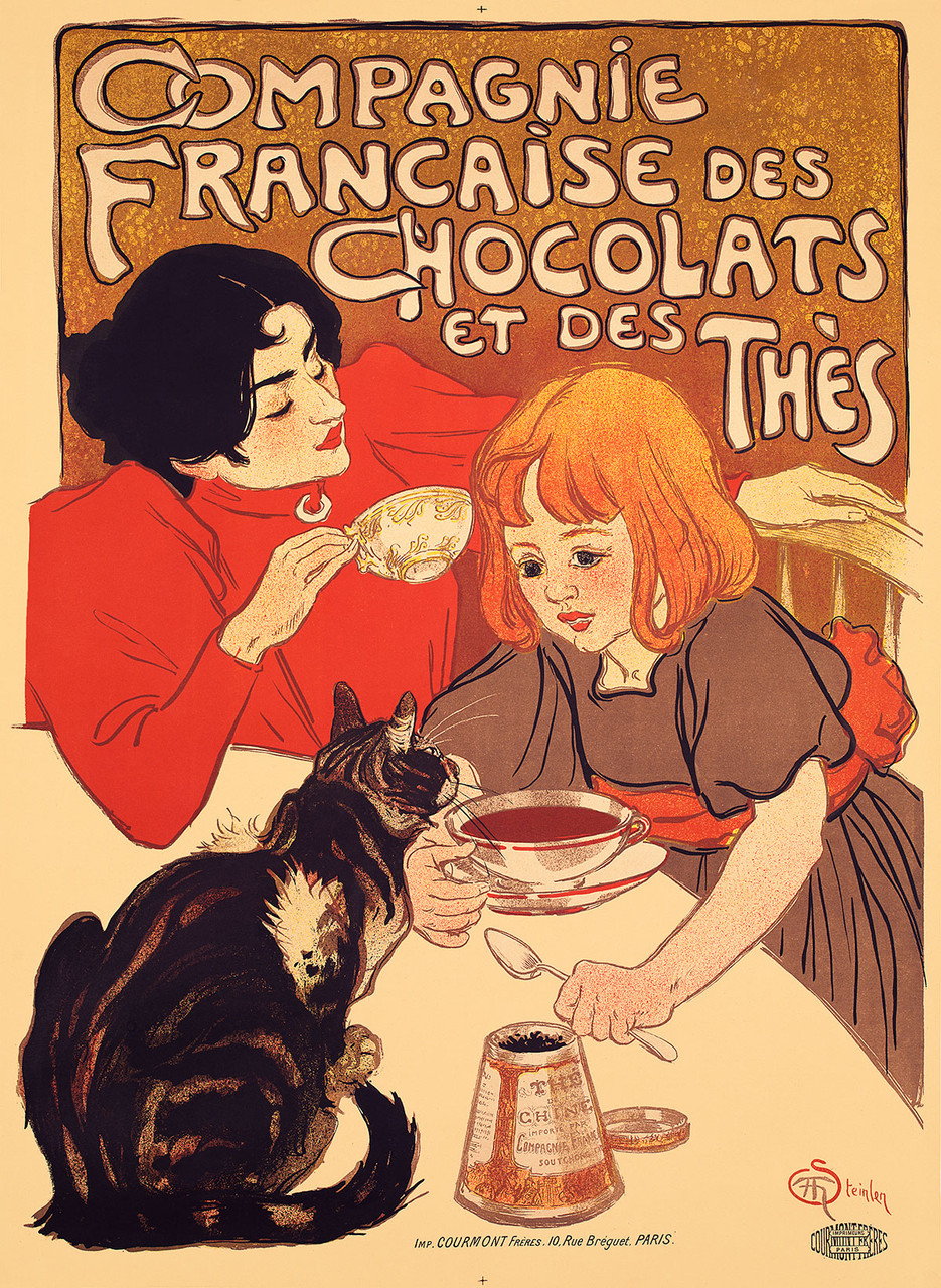 Compagnie Francaise des Chocolats et des Thes Vintage Poster by Theophile Alexandre Steinlen 1895 French Food & Beverage Advertisement – High Quality Giclee Reproduction Fine Art Print. Featuring a warm and inviting illustration of a woman and a young girl sharing tea with a cat at their feet, emphasizing the warmth and comfort of enjoying chocolate and tea together.