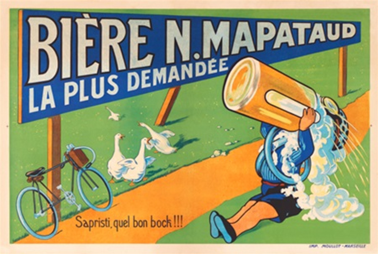 Biere N. Mapataud - Beautiful Vintage Posters Reproductions. French poster advertising beer, features man sitting on a grass drinking from a large mug and bicycle leaning on a Biere N. Mapataud sign. Giclee vintage prints, posters.