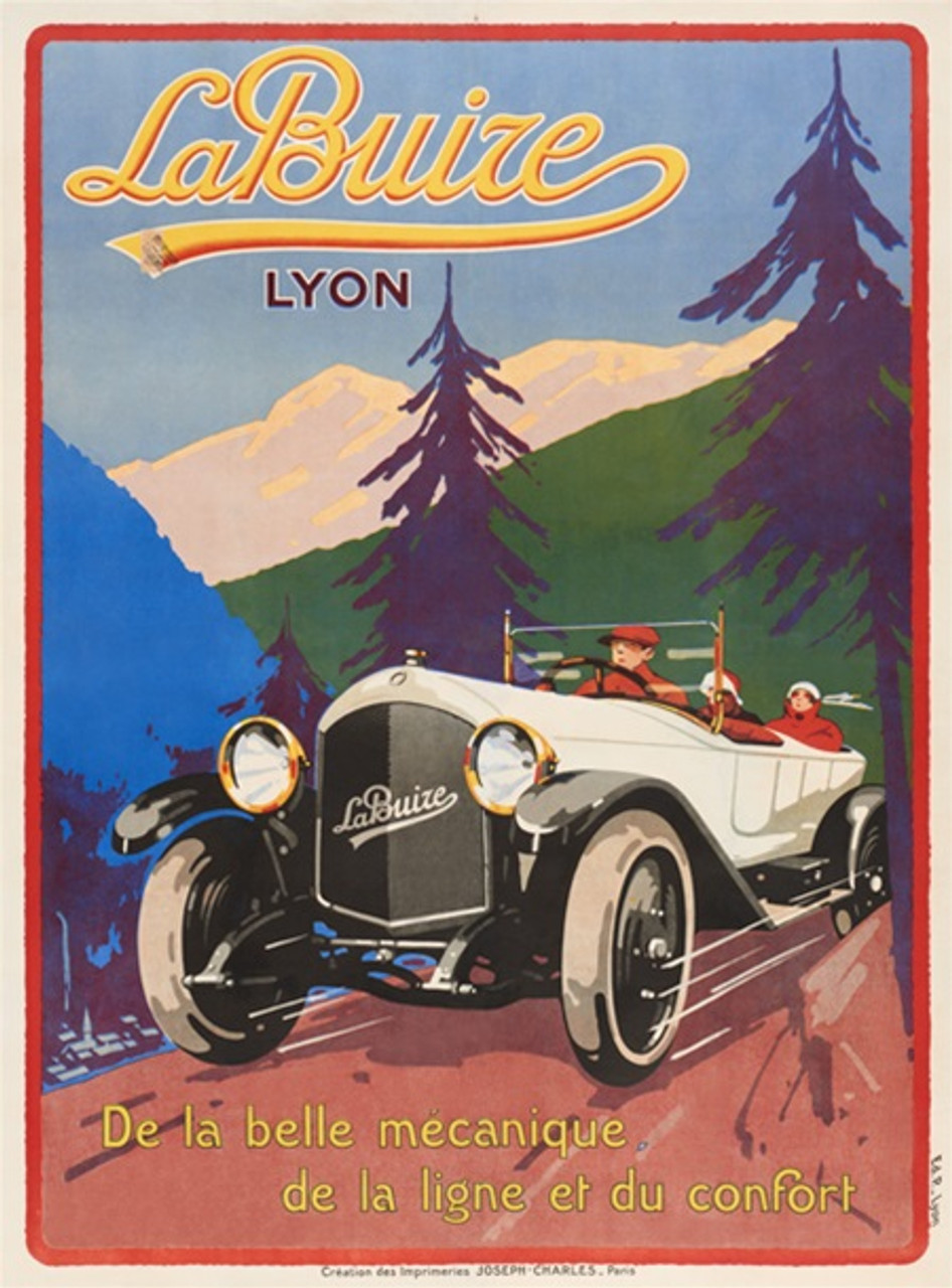 La Buize Lyon car poster print - Posters Reproductions. Transportation poster features 3 people driving a white old vintage car / auto through mountains. Giclee Advertising Print. Classic Posters