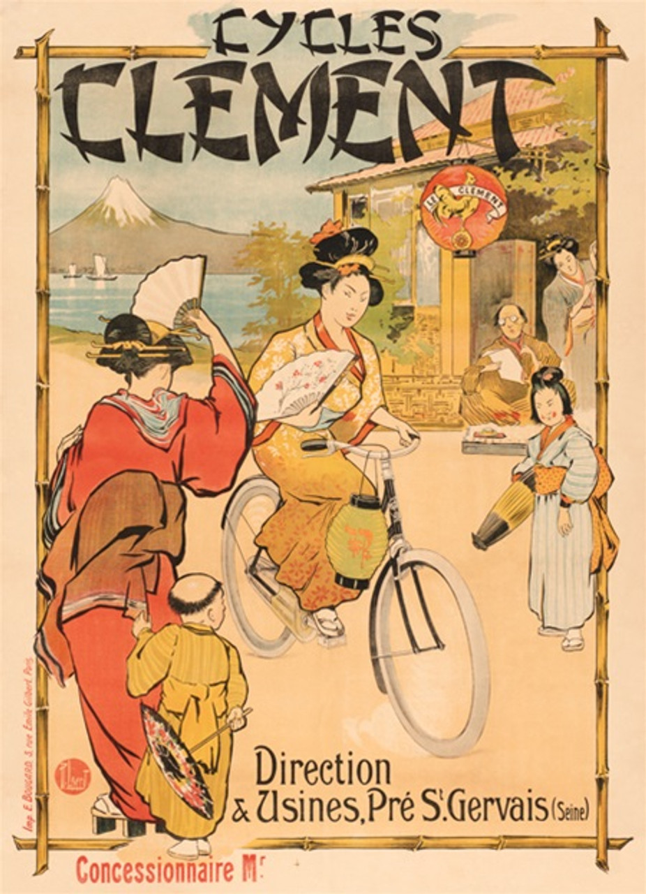 Cycles Clement Japanese Girls - Vintage Posters Reproductions. French cycles bicycles poster features a Japanese woman riding a bicycle. Giclee vintage prints. Classic Posters