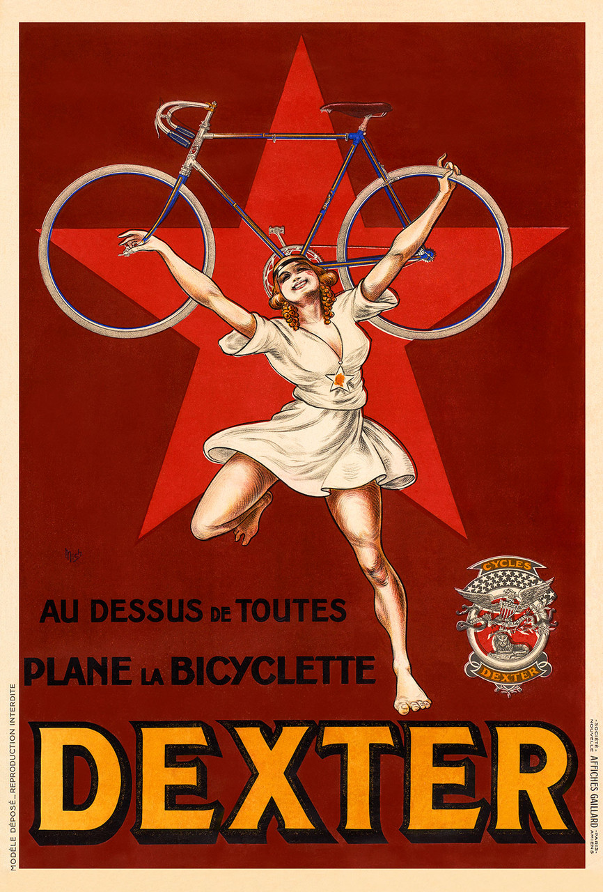 Dexter Bicyclette Vintage Poster by Mich (Michael Liebeaux) 1925 French Bicycles Advertisement – High Quality Giclee Reproduction Fine Art Print. Featuring a woman in a white dress lifting a bicycle above her head with a red star background, this vibrant poster highlights the strength and elegance of the female form, set against a dynamic design that promotes the Dexter Cycles.