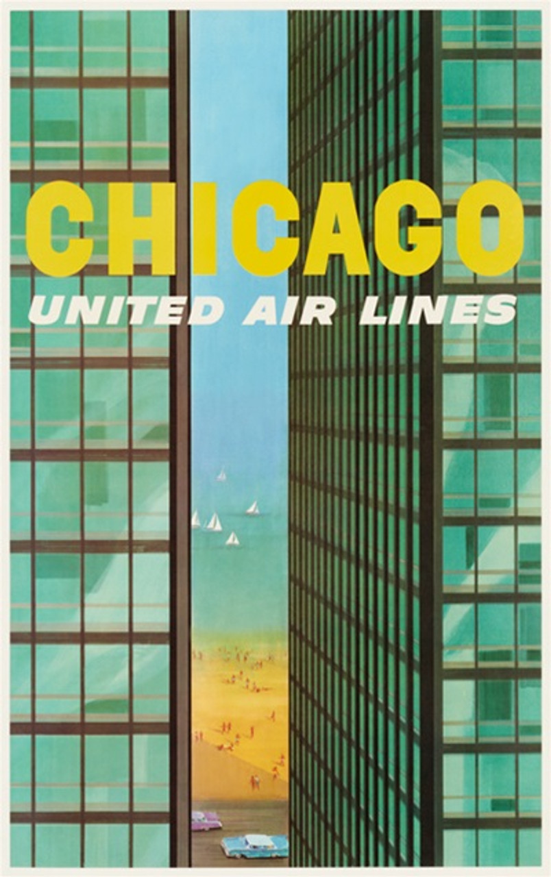 S. Galli poster Chicago United Airlines 1955 America - Beautiful Vintage Poster Reproductions. American travel poster features 2 Chicago tall buildings and a view of beach, street with cars and lake. Giclee Advertising Prints. Classic Poster