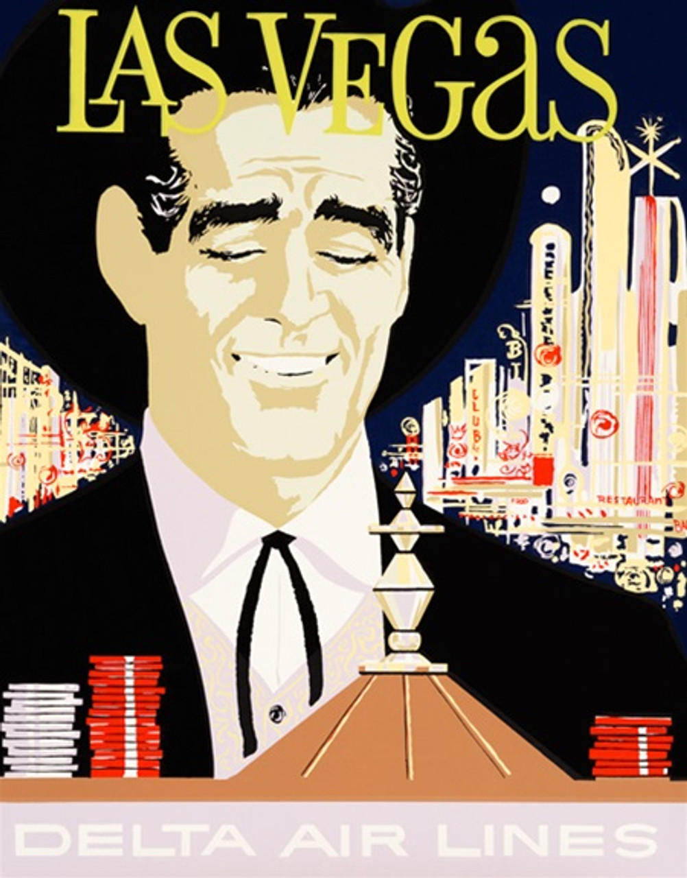 Delta Airlines to Las Vegas American poster. Travel destination advertisement features man looking at roulette game on a background off night city view.