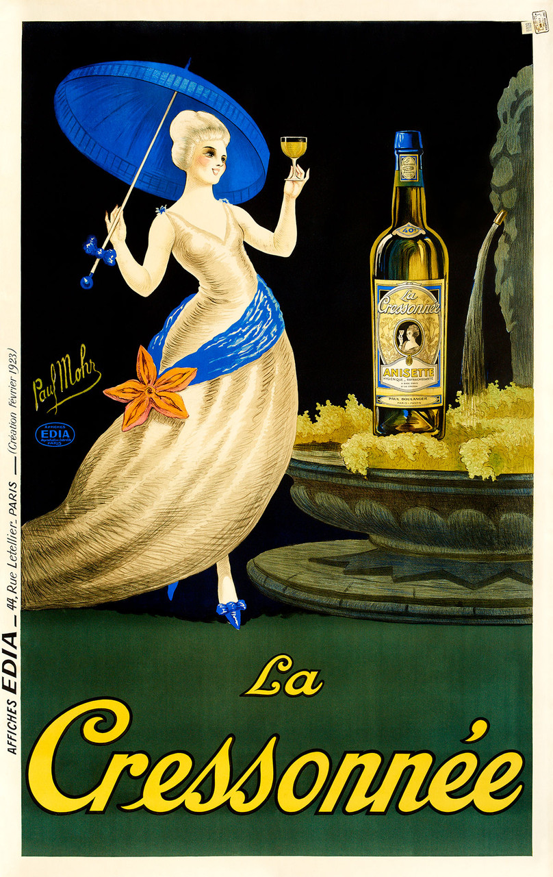 La Cressonnee Anisette Vintage Poster by Paul Mohr 1923 French Anis Liquor Advertisement – High Quality Giclee Reproduction Fine Art Print. Featuring an elegant woman in a flowing cream gown, holding an umbrella and a glass of La Cressonnee, with a bottle of the drink visible beside her.