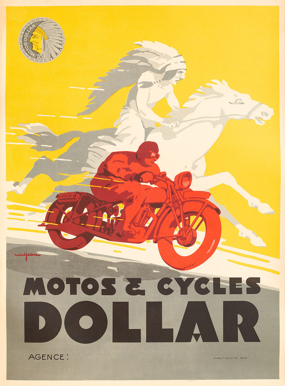 Motos & Cycles Dollar Vintage Poster 1928 French Motorcycle Advertising – High Quality Giclee Reproduction Fine Art Print. Featuring a dynamic scene with a motorcyclist speeding through, with a ghostly figure of a Native American rider on horseback in the background. The vibrant red and yellow tones contrast with the grey backdrop, emphasizing motion and energy in this striking illustration.