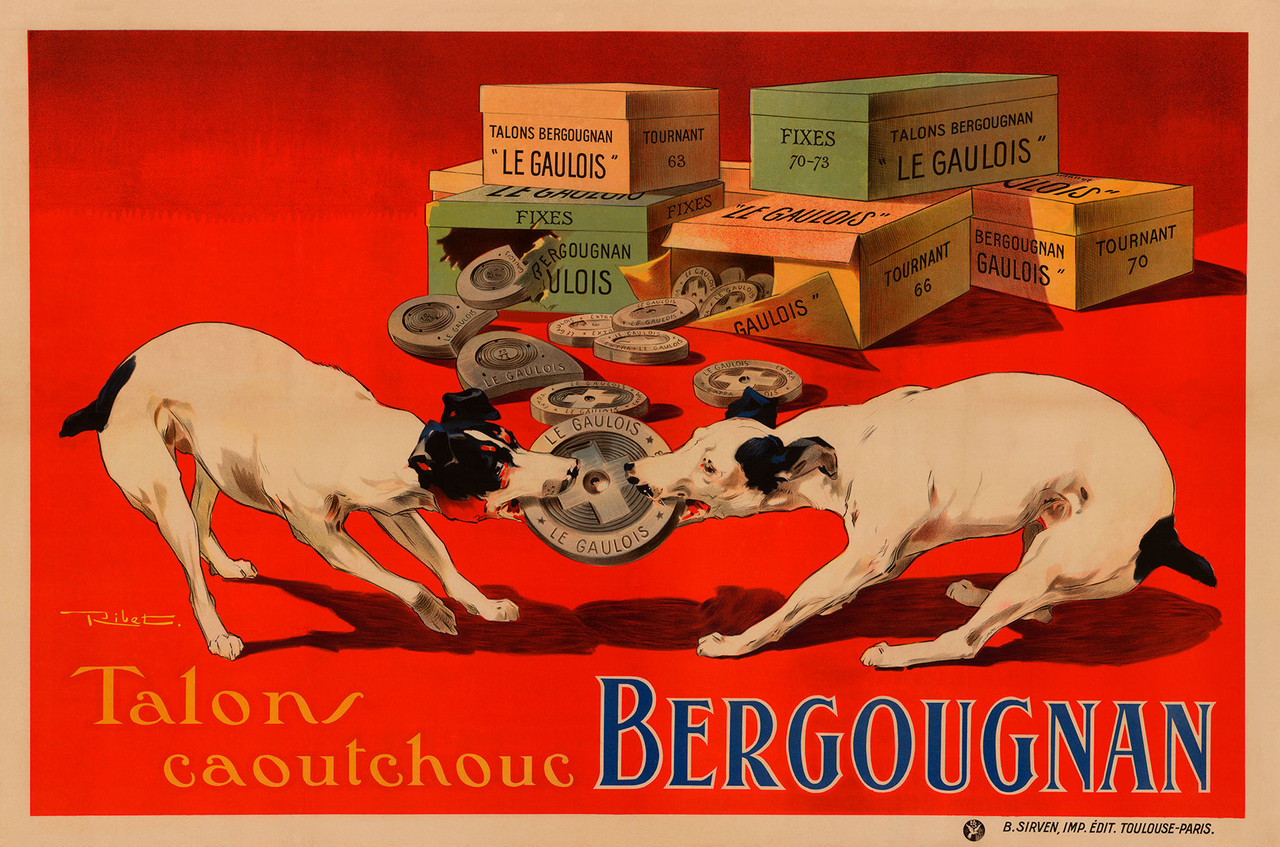 Bergougnan Vintage Horizontal Poster by Ribet 1925 French Advertising – High Quality Giclee Reproduction Fine Art Print. Featuring two dogs playfully tugging at rubber shoe heels with a bright red background and scattered boxes of "Le Gaulois" rubber heels.