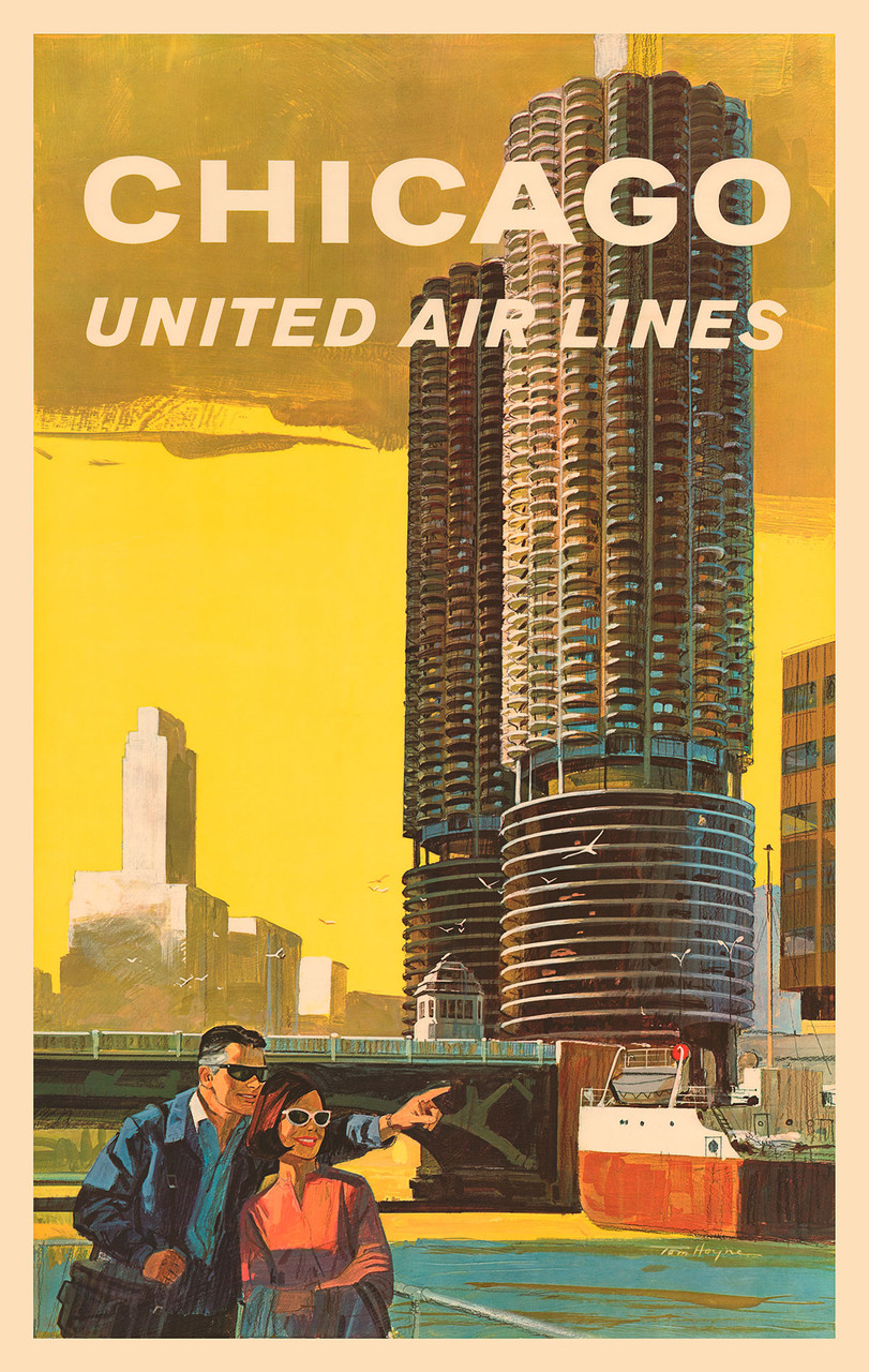 United Air Lines Chicago Vintage Poster by Tom Hoyne 1967 American Travel Advertisement – High Quality Giclee Reproduction Fine Art Print. Featuring a couple in sunglasses posing in front of the iconic Marina City towers in Chicago, the bright yellow background enhances the modern architectural and vibrant cityscape.