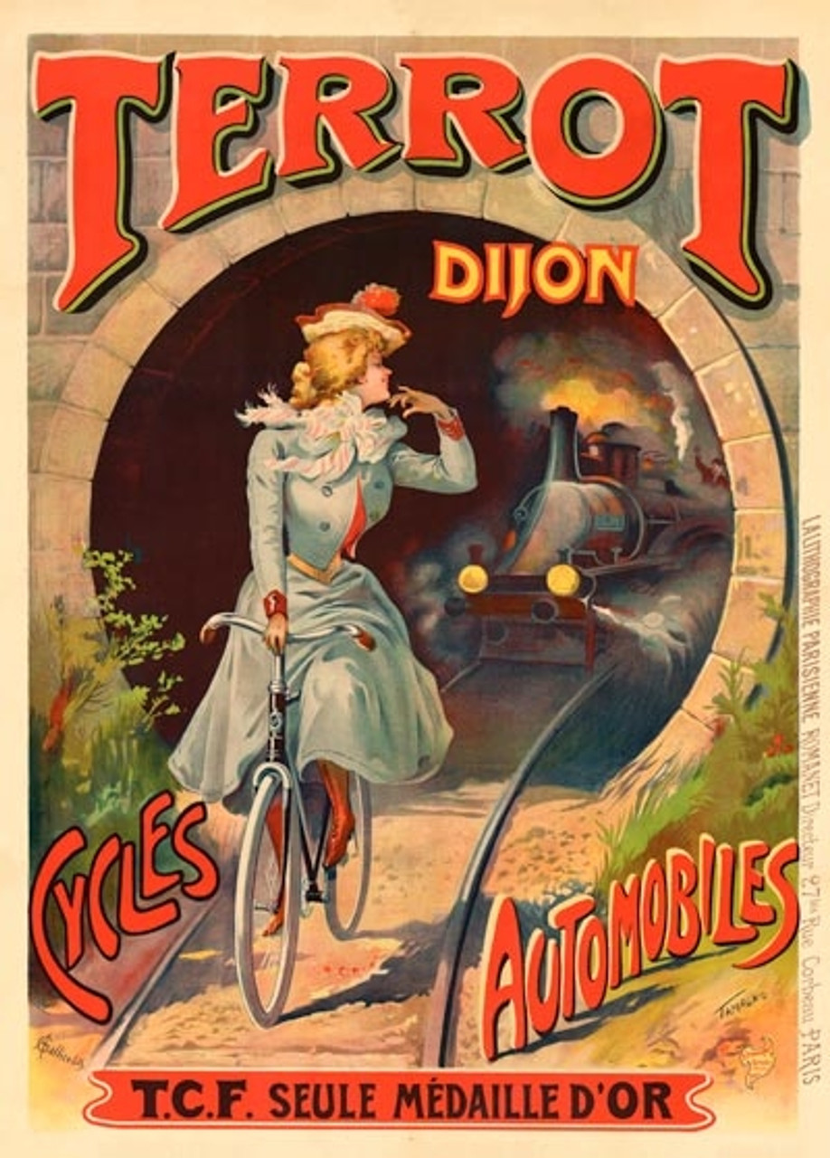 Terrot Dijon Cycles Automobiles poster by Tamagno. Vintage Posters Reproductions. French transportation poster features a woman riding on tracks with a train coming through a tunnel towards her. Giclee advertising prints cycles bicycles posters.