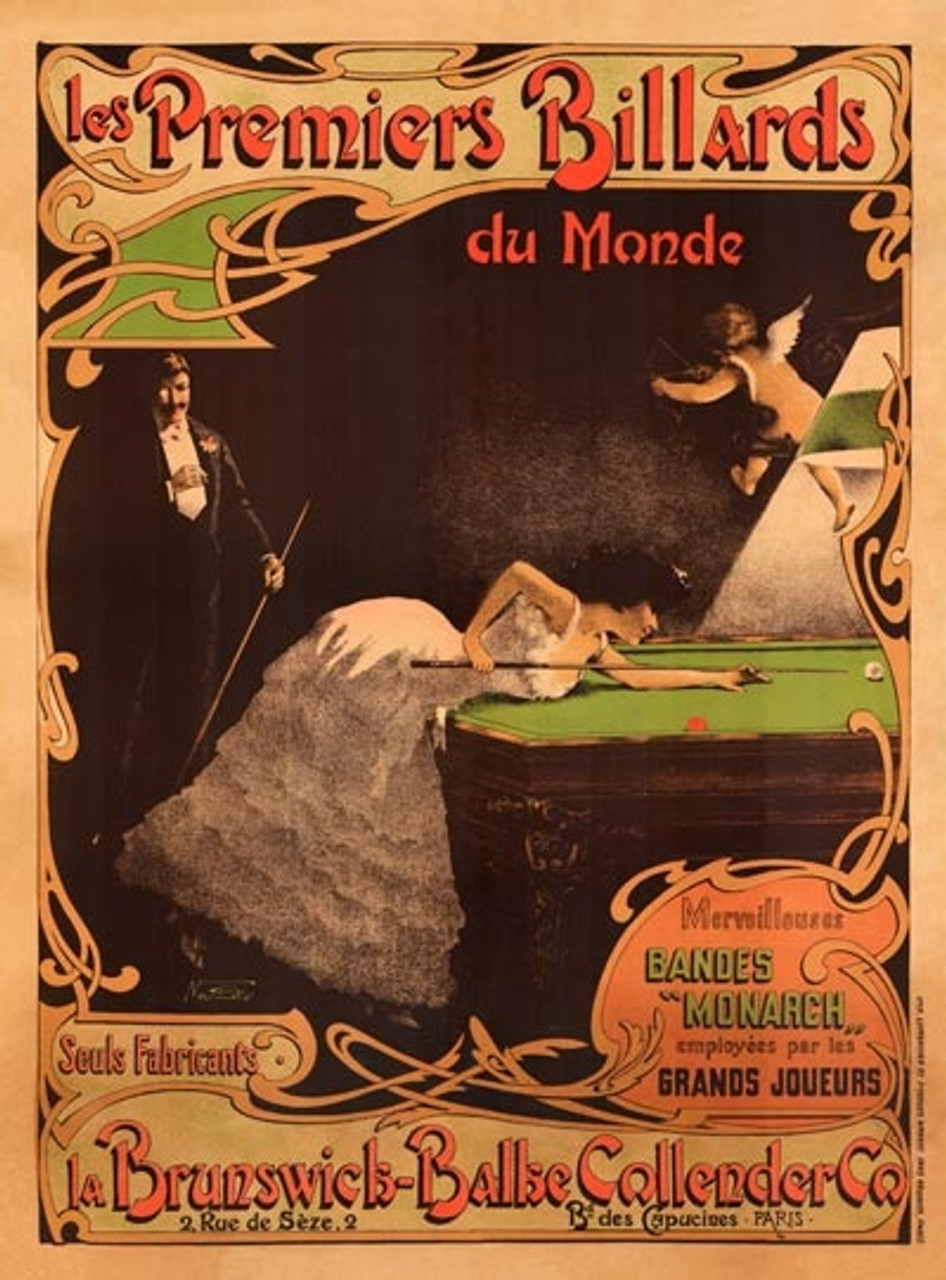Les Premiers Billards La Brunswick Balke Vintage Poster Reproduction. French poster features a woman with cue stick leaning on a pool table playing billiard and a man standing behind her smoking and holding cue stick. Advertising Prints Classic Posters