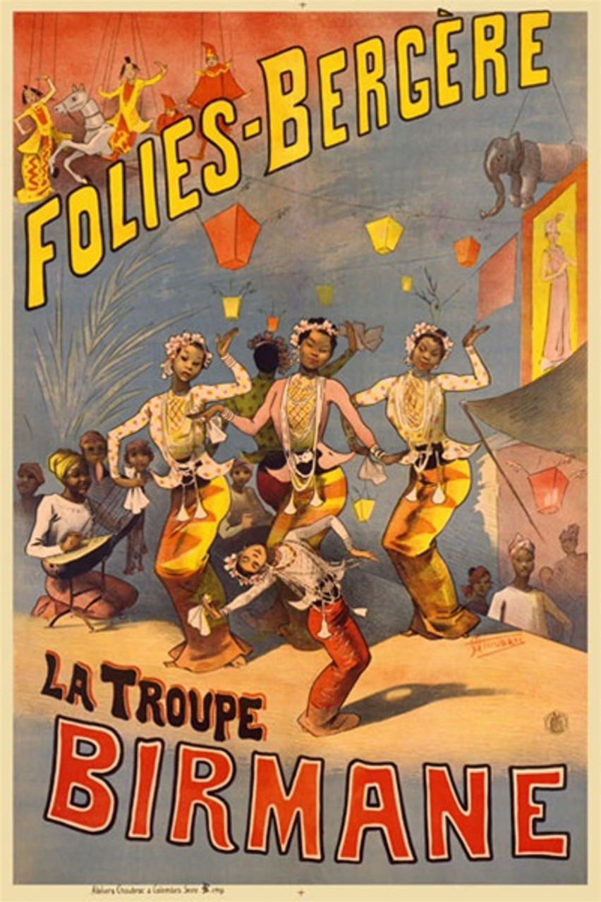 Folies Bergere by Choubrac 1888 France - Beautiful Vintage Poster Reproductions. This vertical French theater and exhibition poster features Burmese dancers and musicians with puppets in the top corner. Giclee Advertising Print. Classic Posters