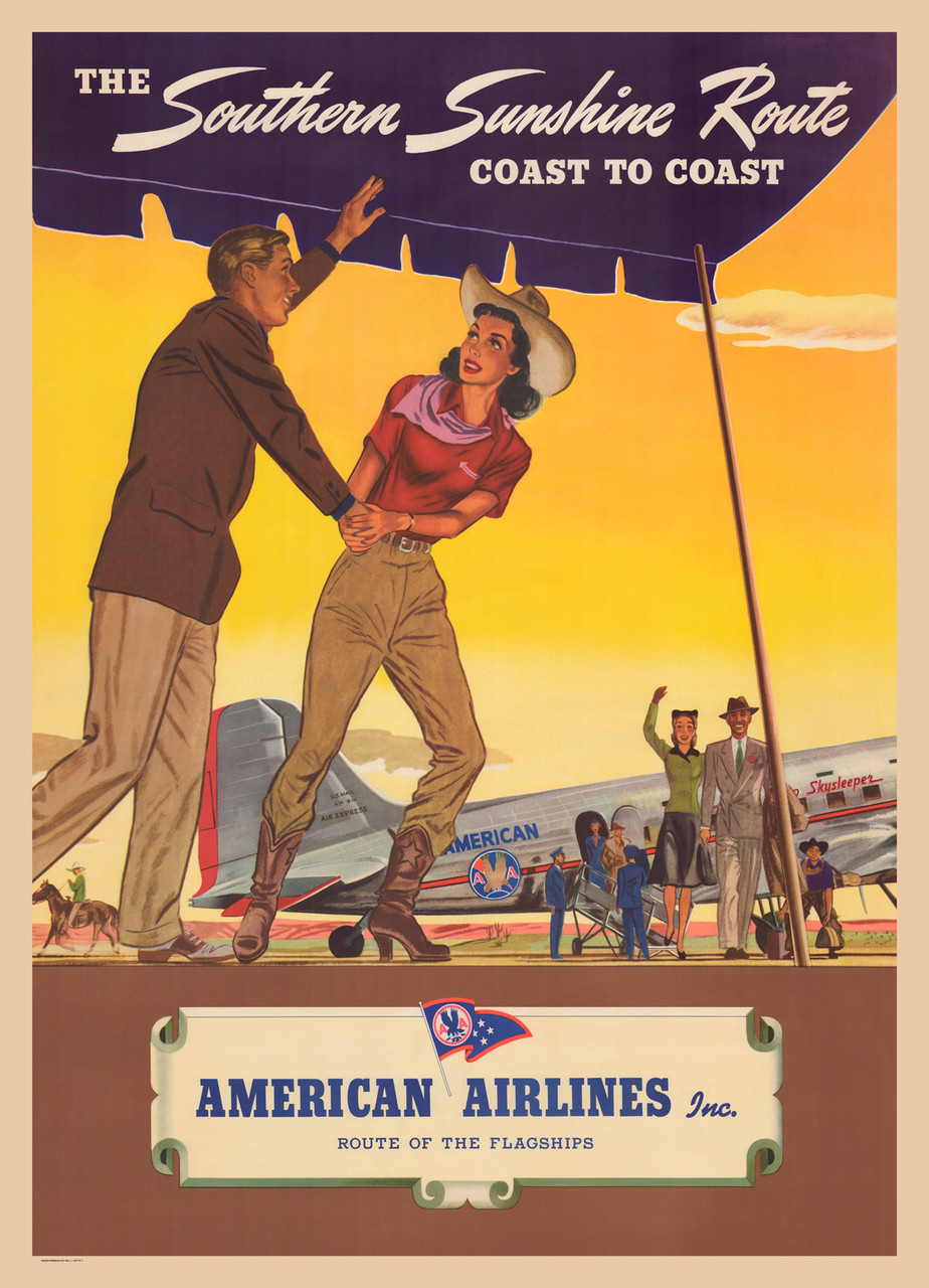 American Airlines The Southern Sunshine Route Coast To Coast vintage travel poster print by Einson-Freeman, L.I. City, New York.