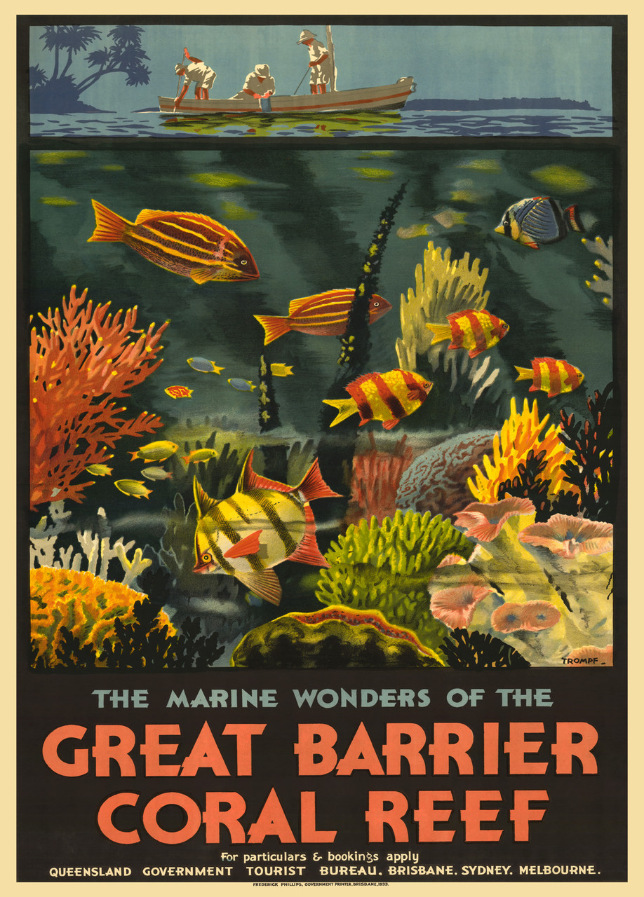 Great Barrier Coral Reef Travel Vintage Poster Print by Trompf. Australian travel poster features coral reef with fishes swimming and fishermen's on a boat. Posters Reproductions are perfect decorating idea for an office or living room.