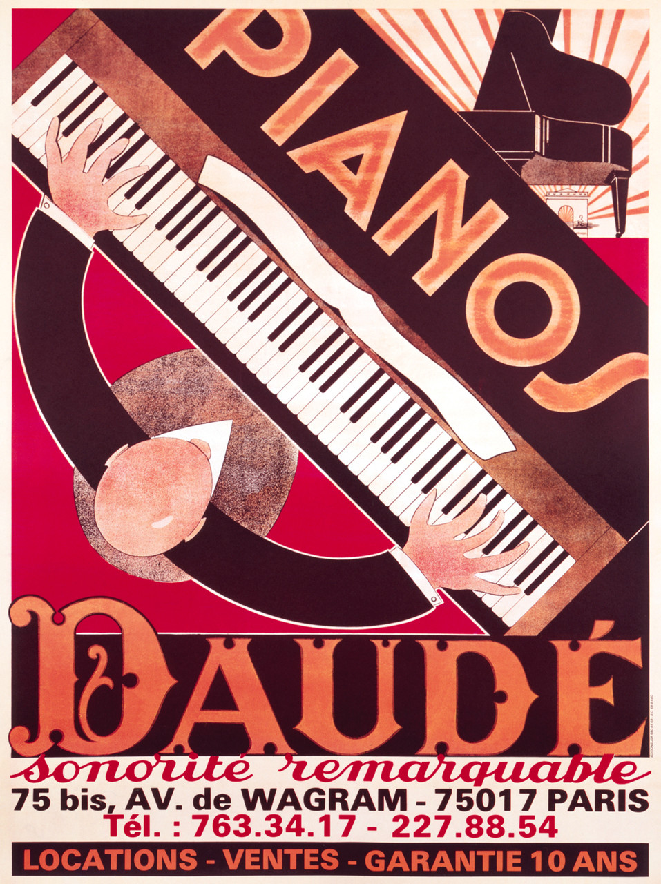 Pianos Daude Vintage Poster 1978by M. Daude. French Music Store Advertisement - High Quality Giclee Reproduction Fine Art Print. The poster features an eye-catching design with a stylized grand piano and a hand playing the keys, promoting Daude pianos and their remarkable sound quality.