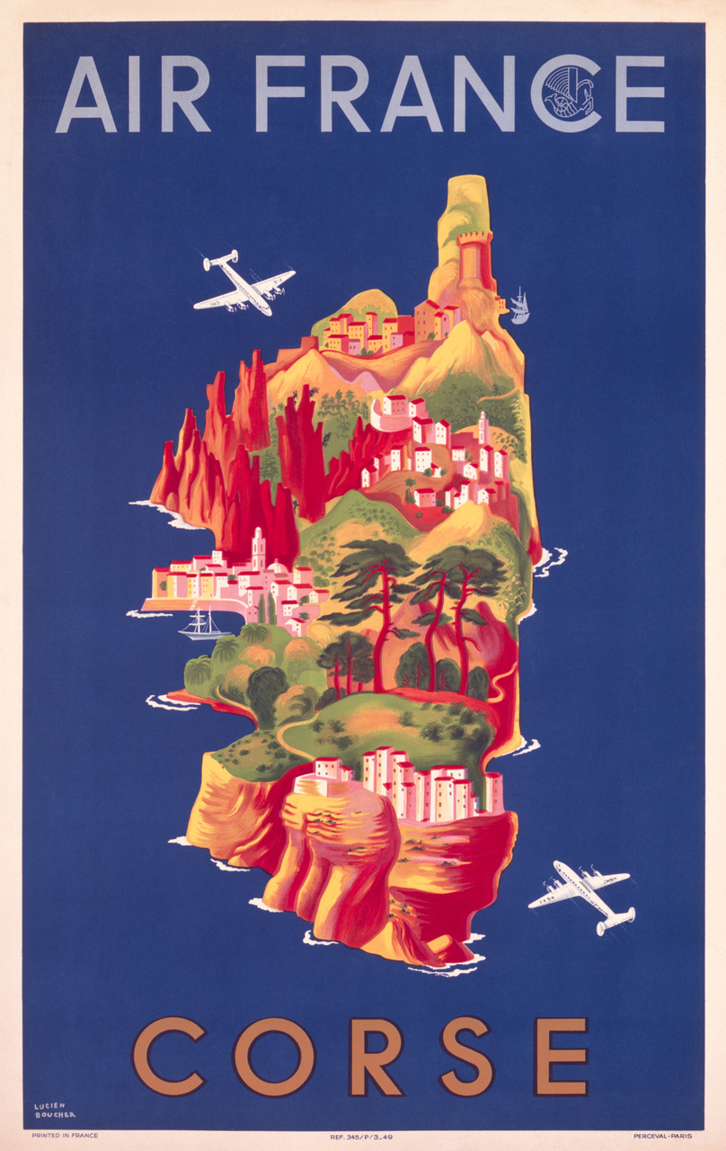 Air France Corse 1949 Vintage Travel Poster Print by Lucien Boucher -  Poster Reproduction.  French Airline advertisement features 2 airplanes and a map of Corsica Island. Giclee Advertising Print.