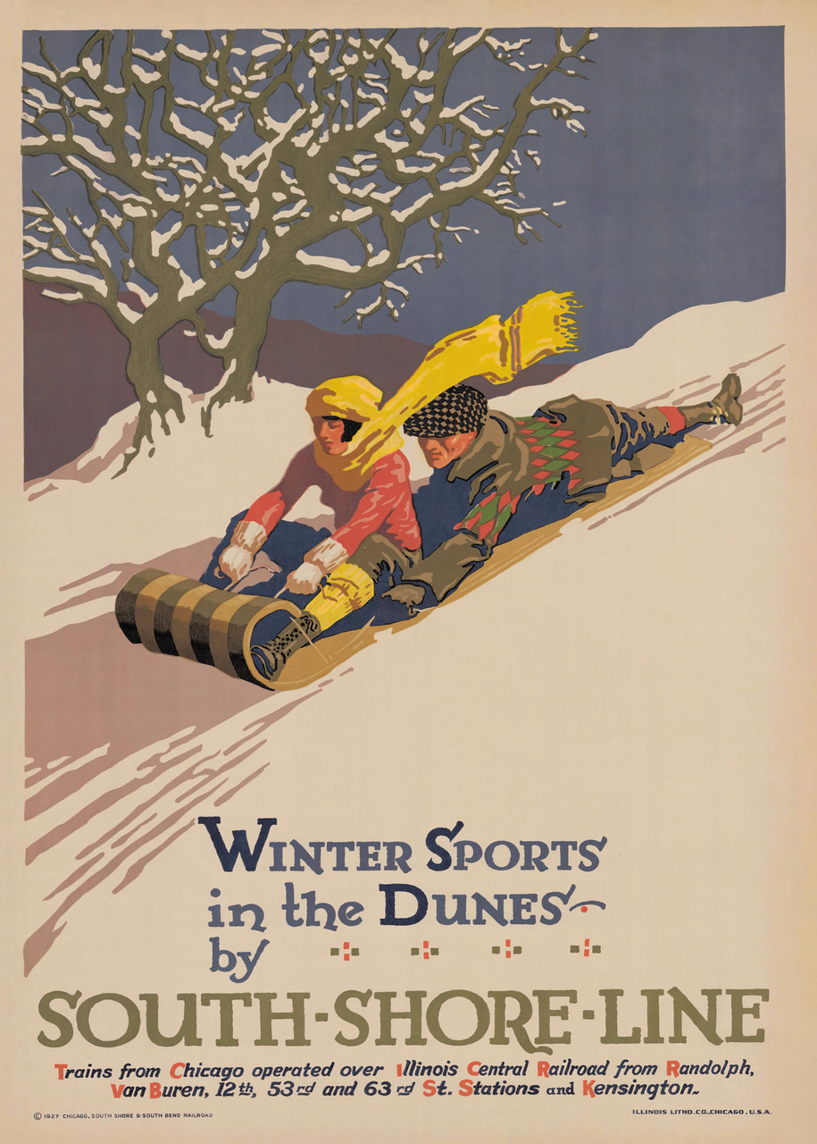 Winter Sports in the Dunes By South Shore Line Railroad 1927 American Vintage Travel Poster. Trains from Chicago operated over Illinois Central Railroad. Giclee Advertising Prints. Classic Posters.