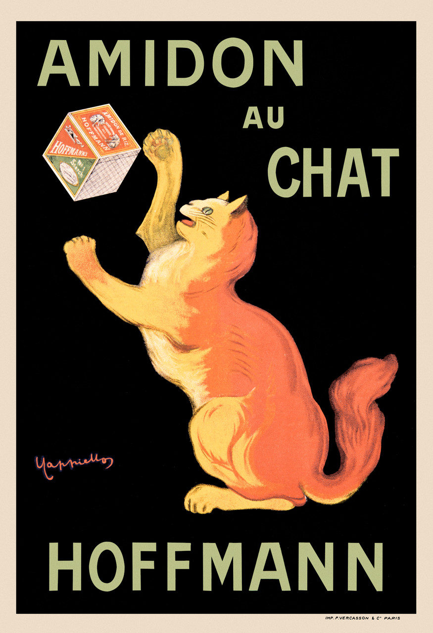 Amidon Au Chat Hoffmann Poster by Leonetto Cappiello Vintage 1903 French rice starch (amidon) advertisement, which featured a playful cat logo. High Quality Giclee Reproduction Fine Art Print.