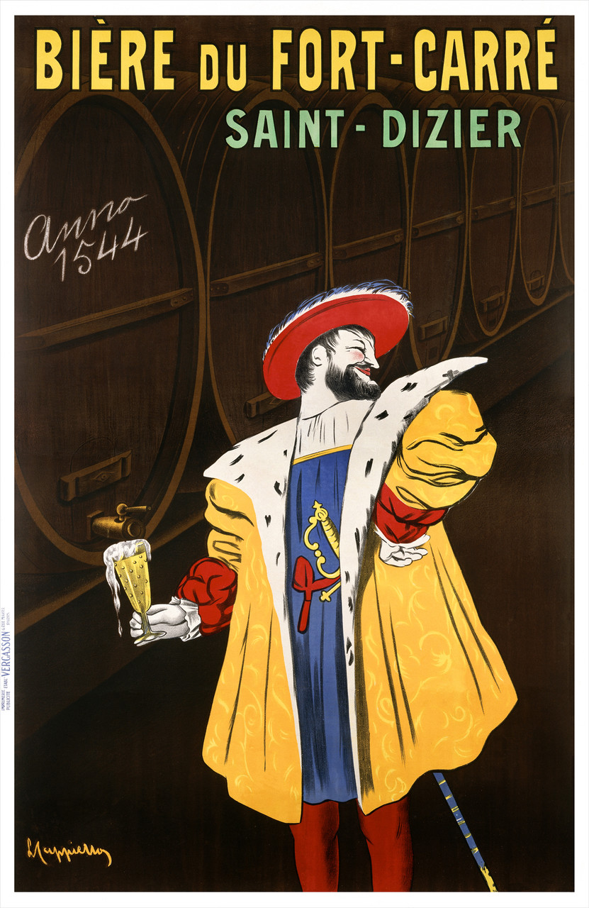 Biere du Fort Carre by Leonetto Cappiello 1911 France Vintage Poster Reproduction. This vertical French wine and spirits poster features a nobleman enjoying a doubtlessly delicious beer. The man is wearing a yellow coat and red hat. Giclee Prints