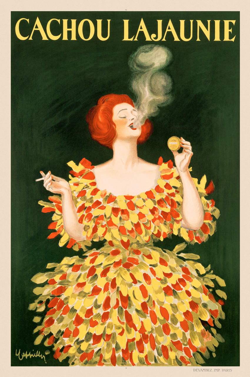 Cachou Lajaunie Leonetto Cappiello 1920 Vintage Poster Reproduction. French poster features a woman in a red and yellow feathered dress smoking a cigarette. The woman has red hair and is on a green background. Giclee Prints