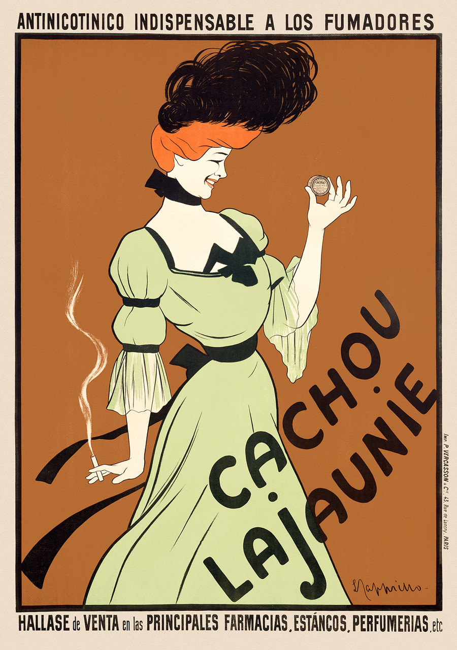 Cachou Lajaunie Vintage Poster by Leonetto Cappiello 1900 French Breath Freshener Advertisement – High Quality Giclee Reproduction Fine Art Print. Featuring a vibrant illustration of a woman in a green dress, holding a tin of anti nicotinic Cachou Lajaunie while smoking a cigarette, set against a warm brown background.