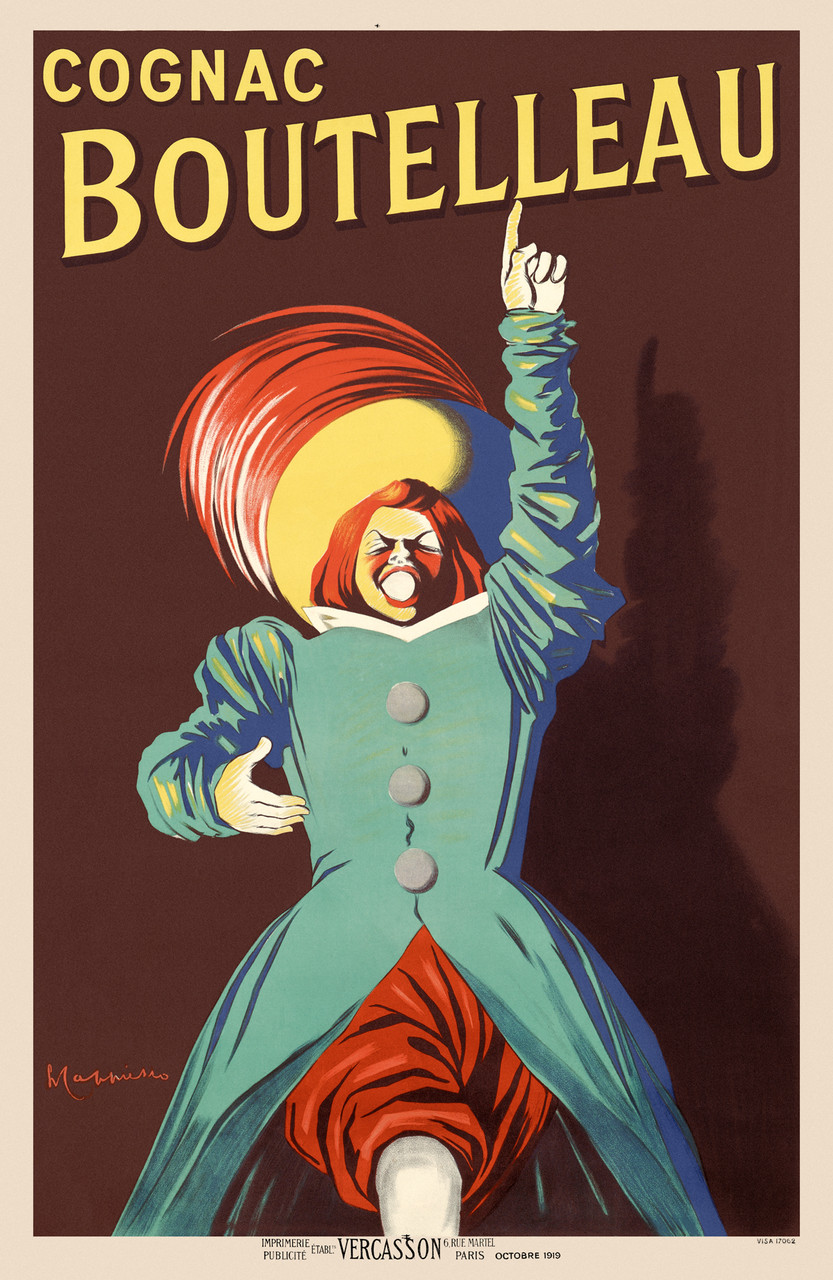 Cognac Boutelleau by Leonetto Cappiello 1919 French - Beautiful Vintage Poster Reproduction. This vertical wine and spirit poster features an excited nobleman pointing at the text. The man is dressed in a green jacket, red pants and a hat with feathers. Giclee Prints