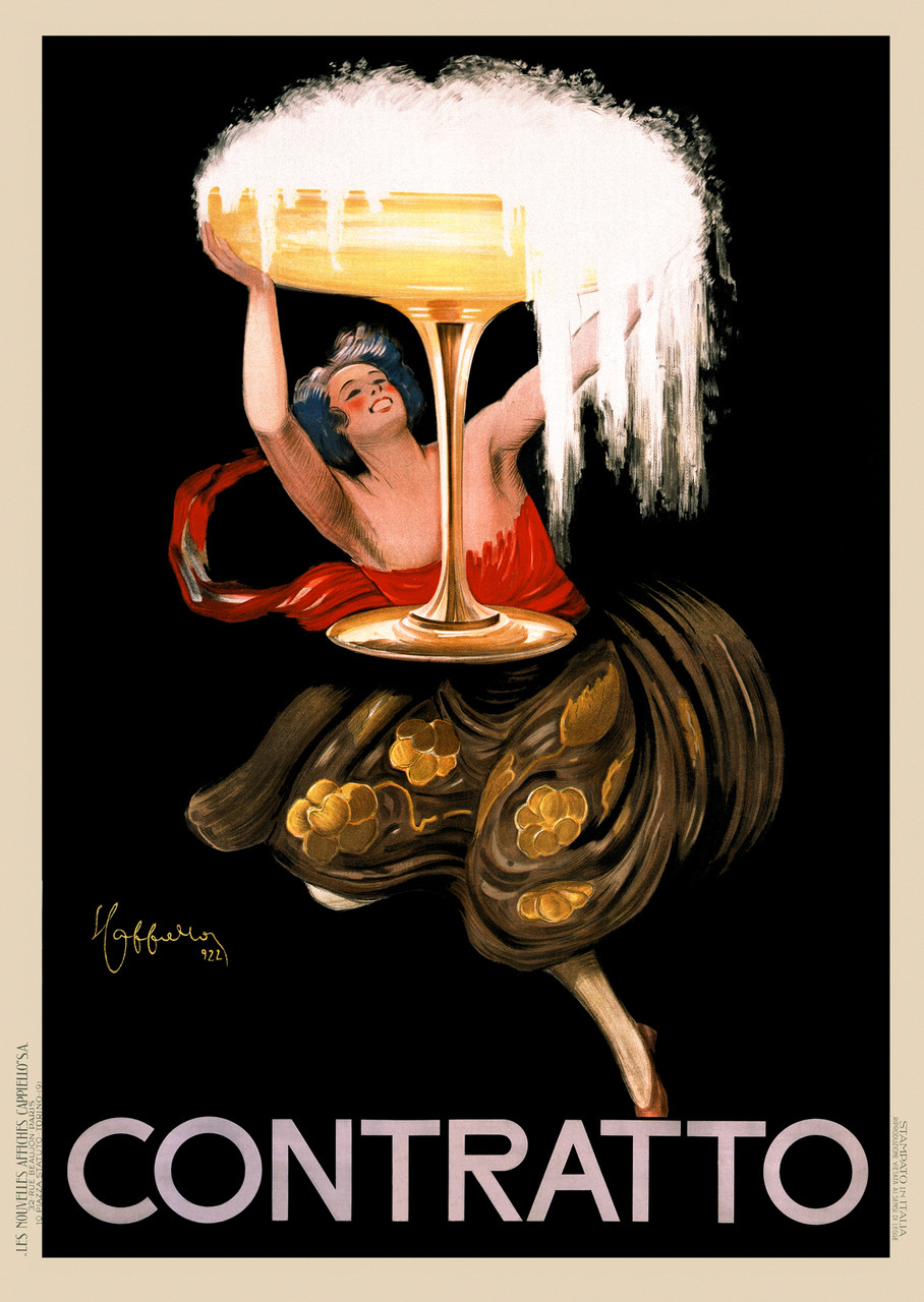 Contratto Asti Champagne by Leonetto Cappiello 1922 Italy Vintage Poster Reproduction. Italian wine and spirits poster features a dancing woman holding giant glass of Asti Contratto. Giclee Advertising Prints
