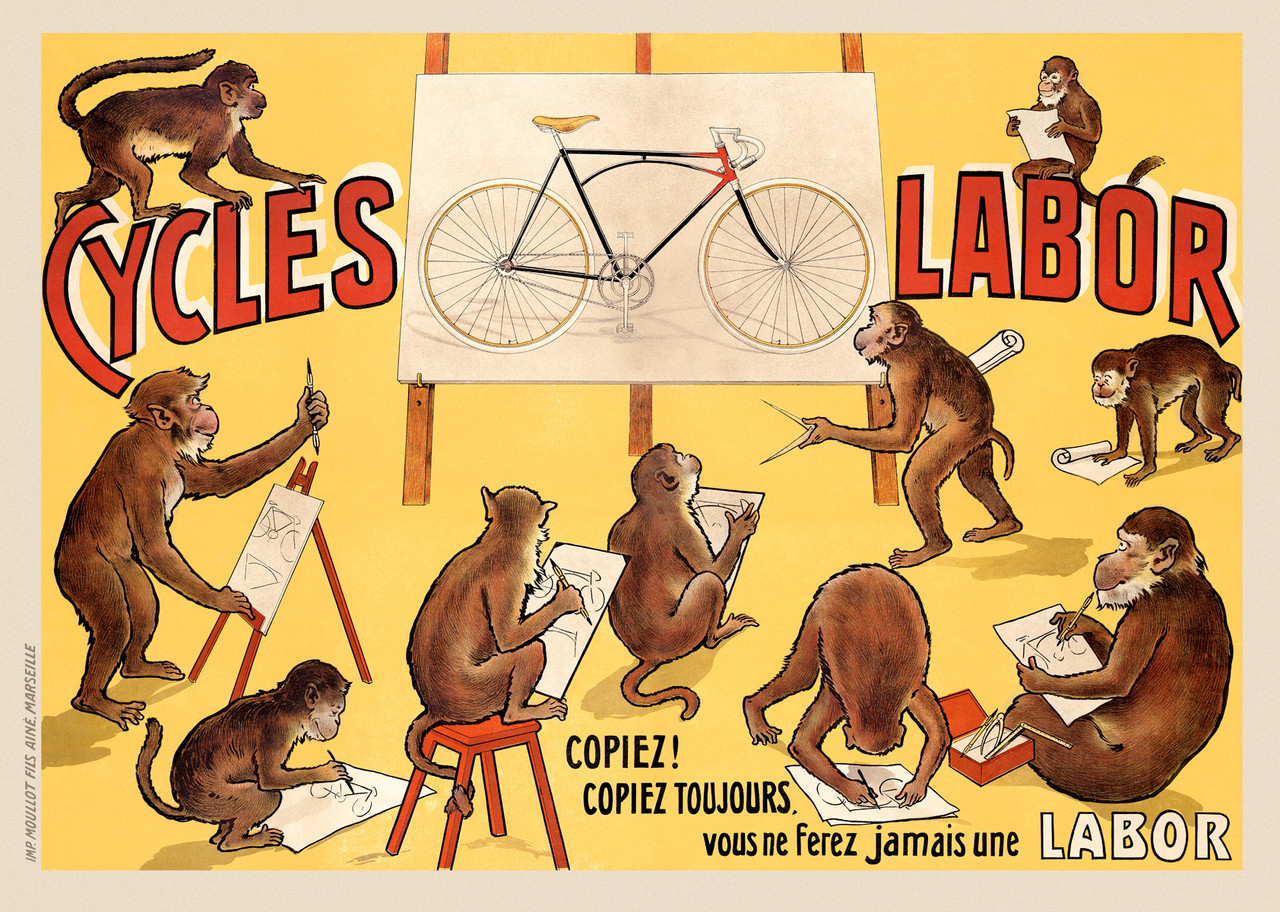 Cycles Labor poster 1918 France - Beautiful Vintage Poster Reproduction. French transportation poster features monkeys sketching a bicycle drawing on an easel against a yellow background. Giclee Advertising Prints. Classic Posters