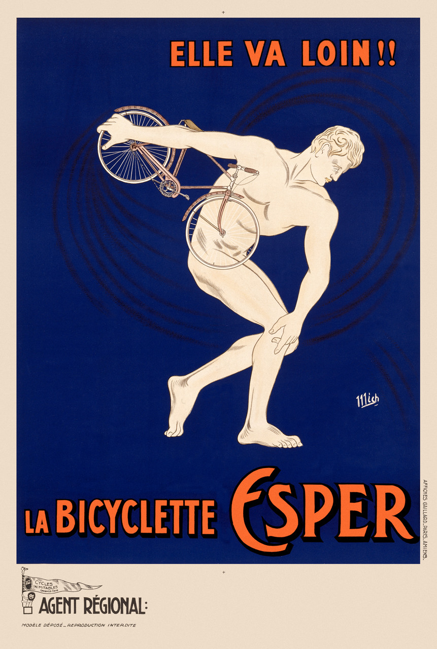 La Bicyclette Esper by Mich (Michael Liebeaux) 1910 France Vintage Poster Reproduction. This vertical French transportation poster features a marble statue of a man holding a bicycle as though throwing it like a discus. Giclee Advertising Prints. Classic Posters