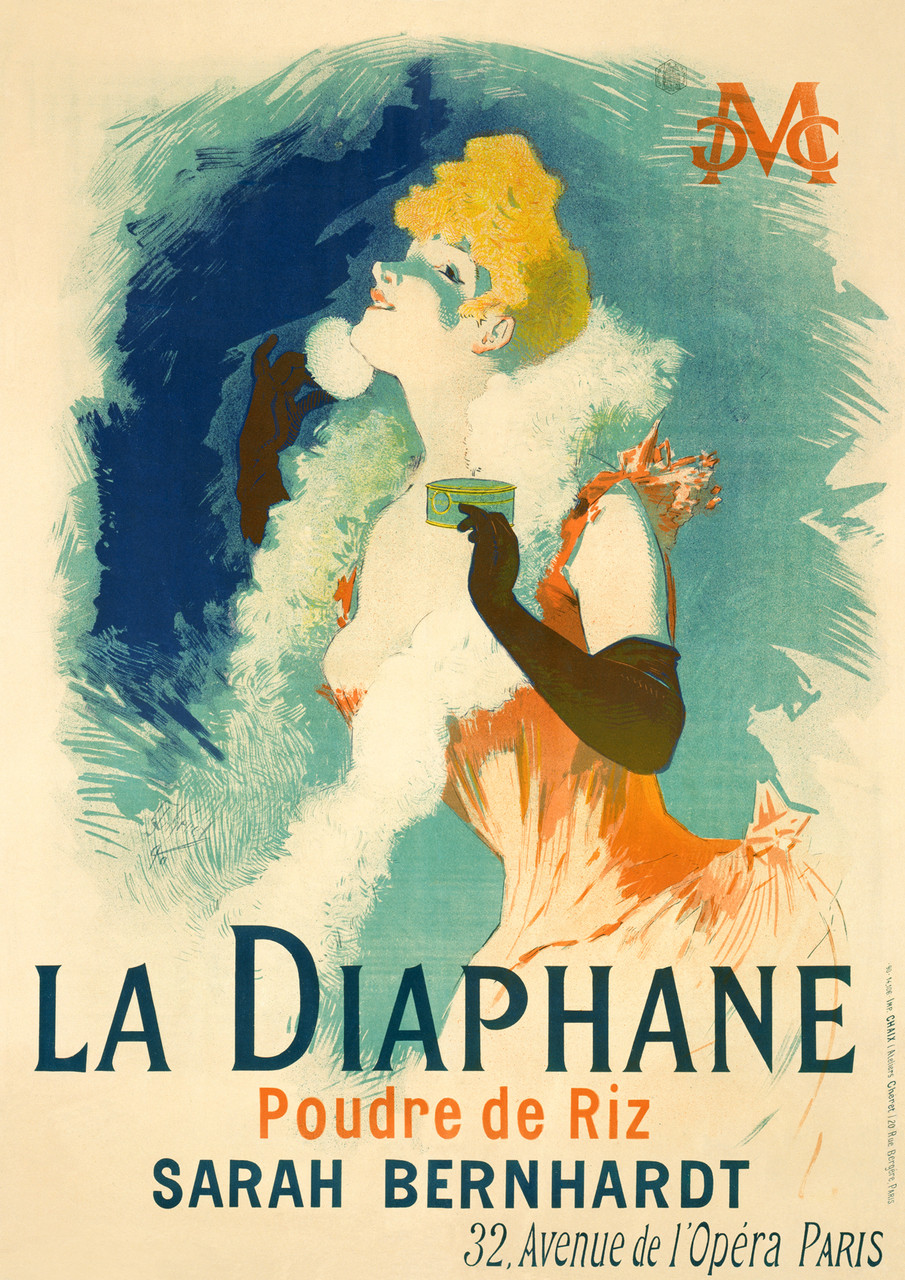 La Diaphane Poudre De Riz Sarah Bernhardt poster by Jules Cheret 1896 France - Vintage Posters Reproductions. French product poster features a formally dressed womam powdering her face against a blue background. Giclee Advertising Prints. Classic Posters