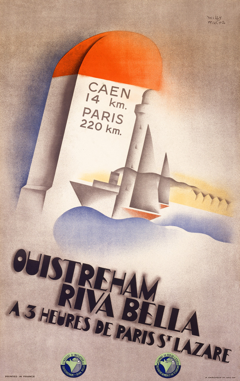 Ouistreham Riva Bella Vintage Poster by Willy Mucha 1934 French Travel Advertisement – High Quality Giclee Reproduction Fine Art Print. Featuring a stylized image of a road sign with distances to Caen and Paris, set against a minimalist, soft toned background.