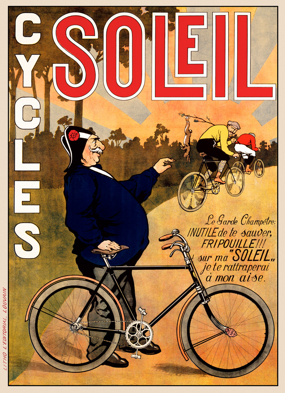 Bicycles Cycles Soleil Vintage Poster Reproduction. French transportation poster features a fat man next to a bicycle holding his hand towards men riding away with a dead rabbit. Giclee Advertising Prints. Classic Posters