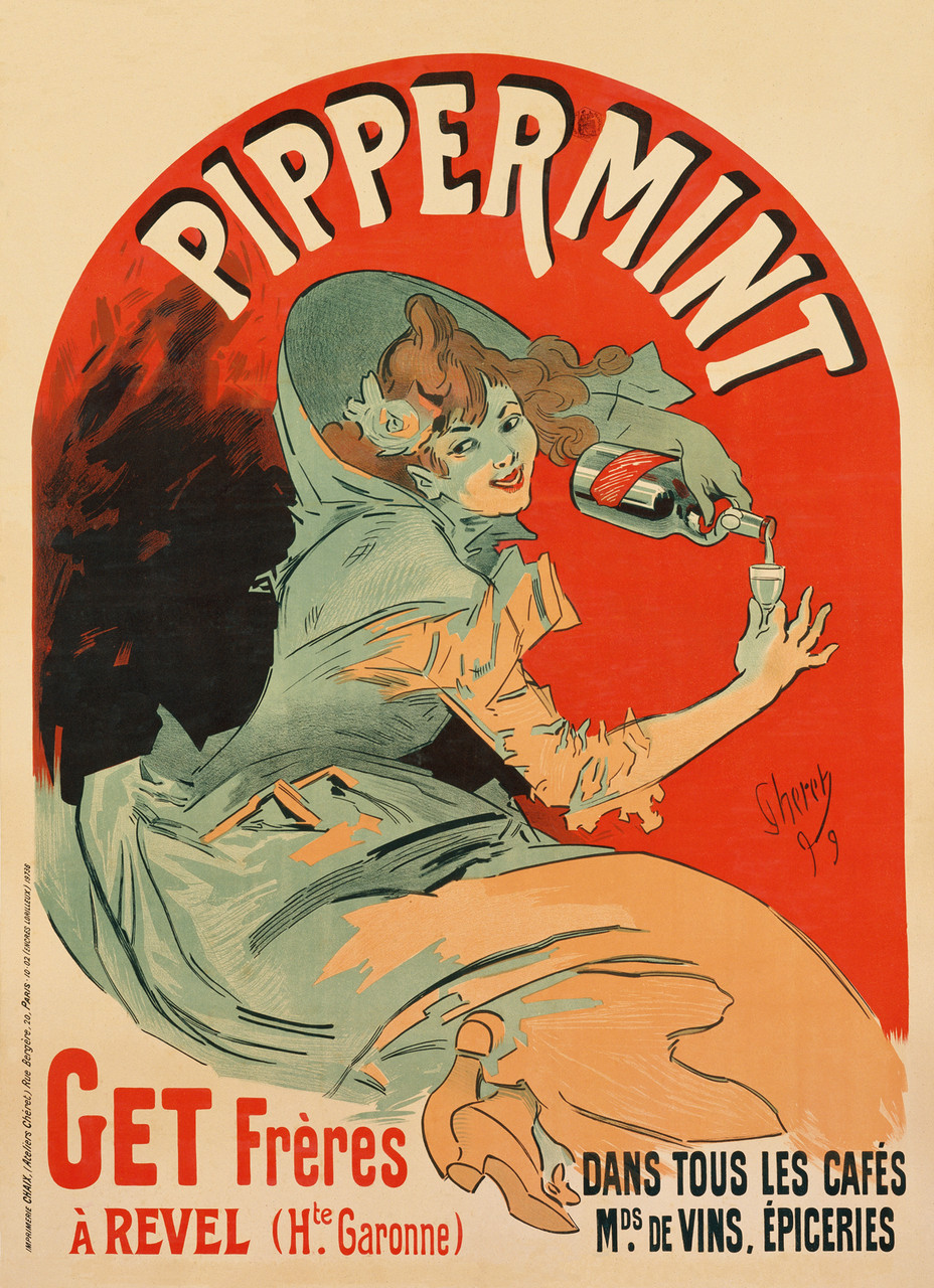 Pippermint Get Freres poster print by Jules Cheret from 1899 France - Beautiful Vintage Poster Reproduction. This vertical French wine and spirits poster features a woman pouring creme de menthe into a glass. The background is a red arch way. Giclee Advertising Prints. Classic Posters