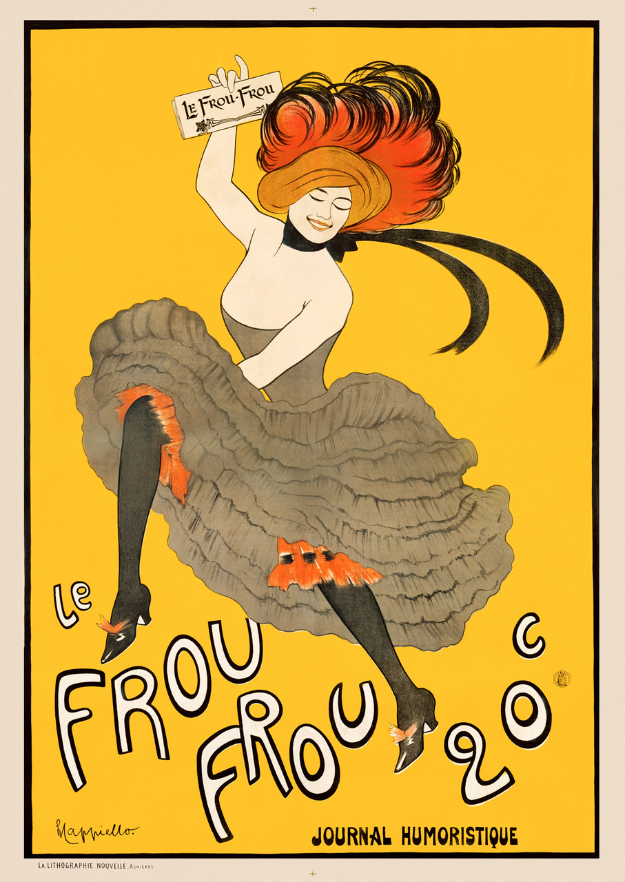 Le Frou Frou Journal Humoristique by Leonetto Cappiello 1899 Vintage Poster Reproduction. French magazine advertisement features a dancing woman on a yellow background. The girl has red hair with a red feather hat and wears a gray dress. Giclee Prints