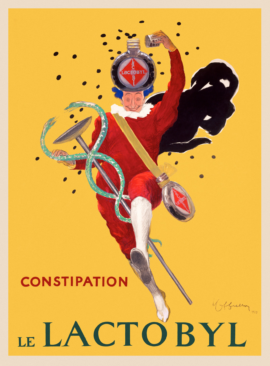 Le Lactobyl Constipation by Leonetto Cappiello Vintage Poster Reproduction. French laxative advertisement features a happy doctor. The man is dressed in red with blue hair. On his head is a medicine bottle spilling and splashing as he skips.