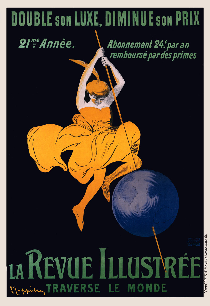 La Revue Illustree by Leonetto Cappiello Vintage Poster Reproduction. This magazine advertisement features a woman spearing a blue globe. The girl in yellow pops off the black background as she creates a new axis for the world. Giclee Prints.