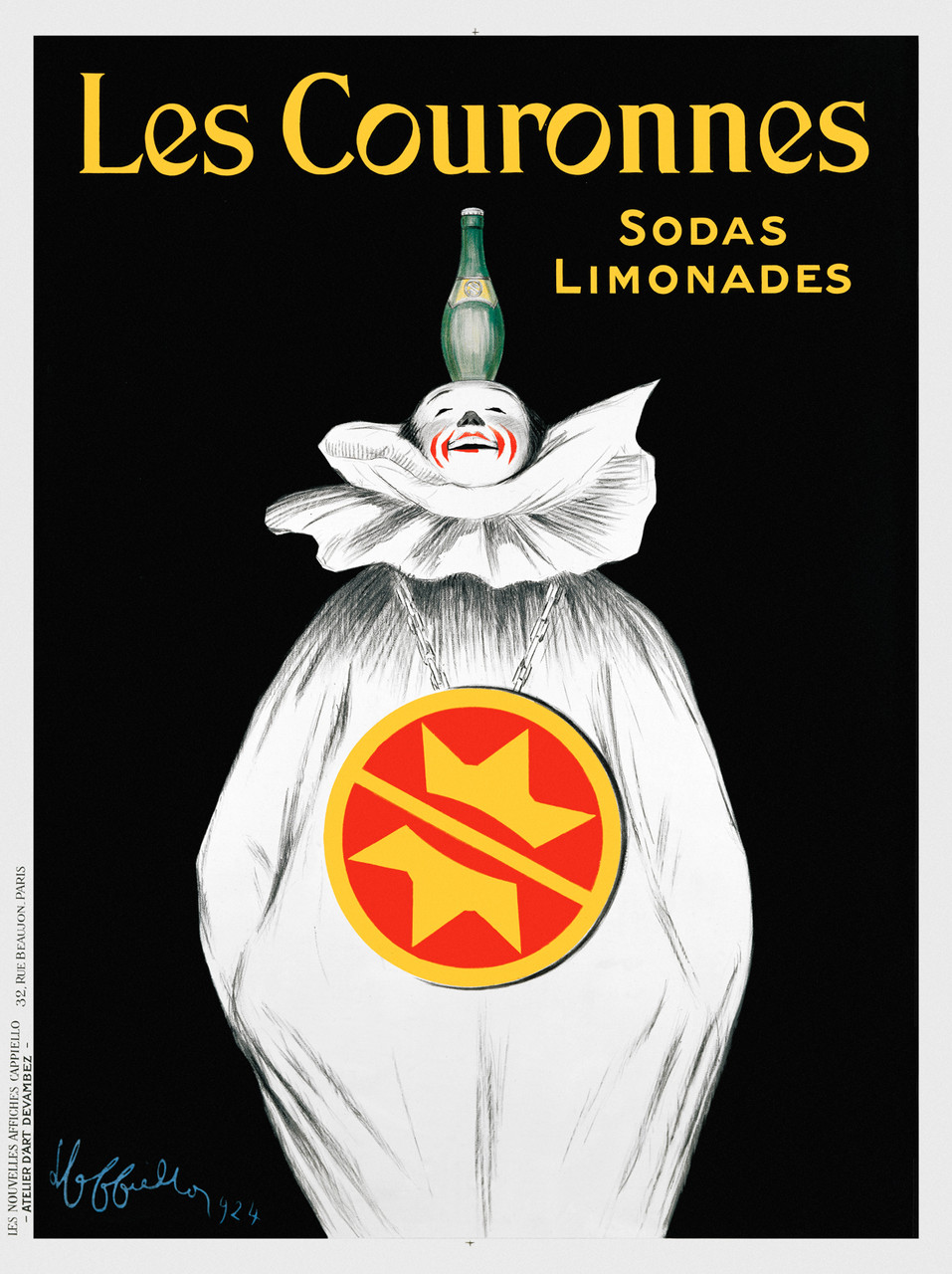 Les Couronnes Sodas Limonades by Leonetto Cappiello 1924 France Vintage Poster Reproduction. This soda advertisement features a clown on a black background. He is wearing a white costume and has a bottle on his head. Giclee Advertising Prints.