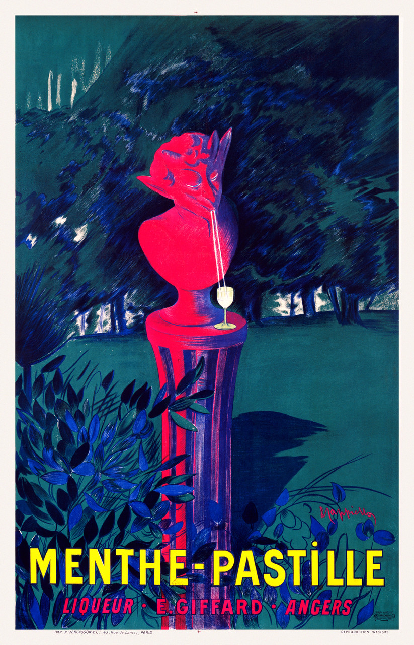 Menthe Pastille by Leonetto Cappiello 1906 France Vintage Poster Reproduction. This vertical French liquor (wine and spirit) advertisement features a statue in a green park enjoying a drink from a straw. Giclee Advertising Prints. Classic Posters