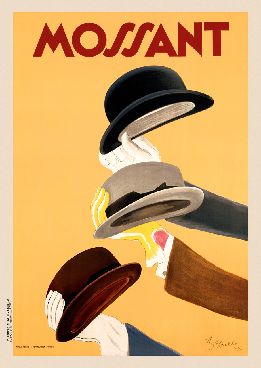 Mossant Hats by Leonetto Cappiello 1938 France Vintage Poster Reproduction. This vertical French hat advertisement features three stylish hats held up with gloved hands against a yellow background. Giclee Advertising Prints. Classic Posters