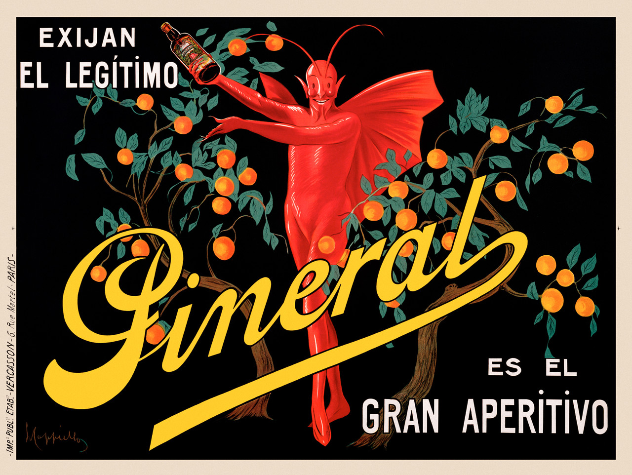 Pineral Gran Aperitivo by Leonetto Cappiello 1910 France Vintage Poster Reproduction. Horizontal liquor (wine and spirit) poster features a red devil surrounded by orange trees on a black background. The winged man in red is holding a bottle.