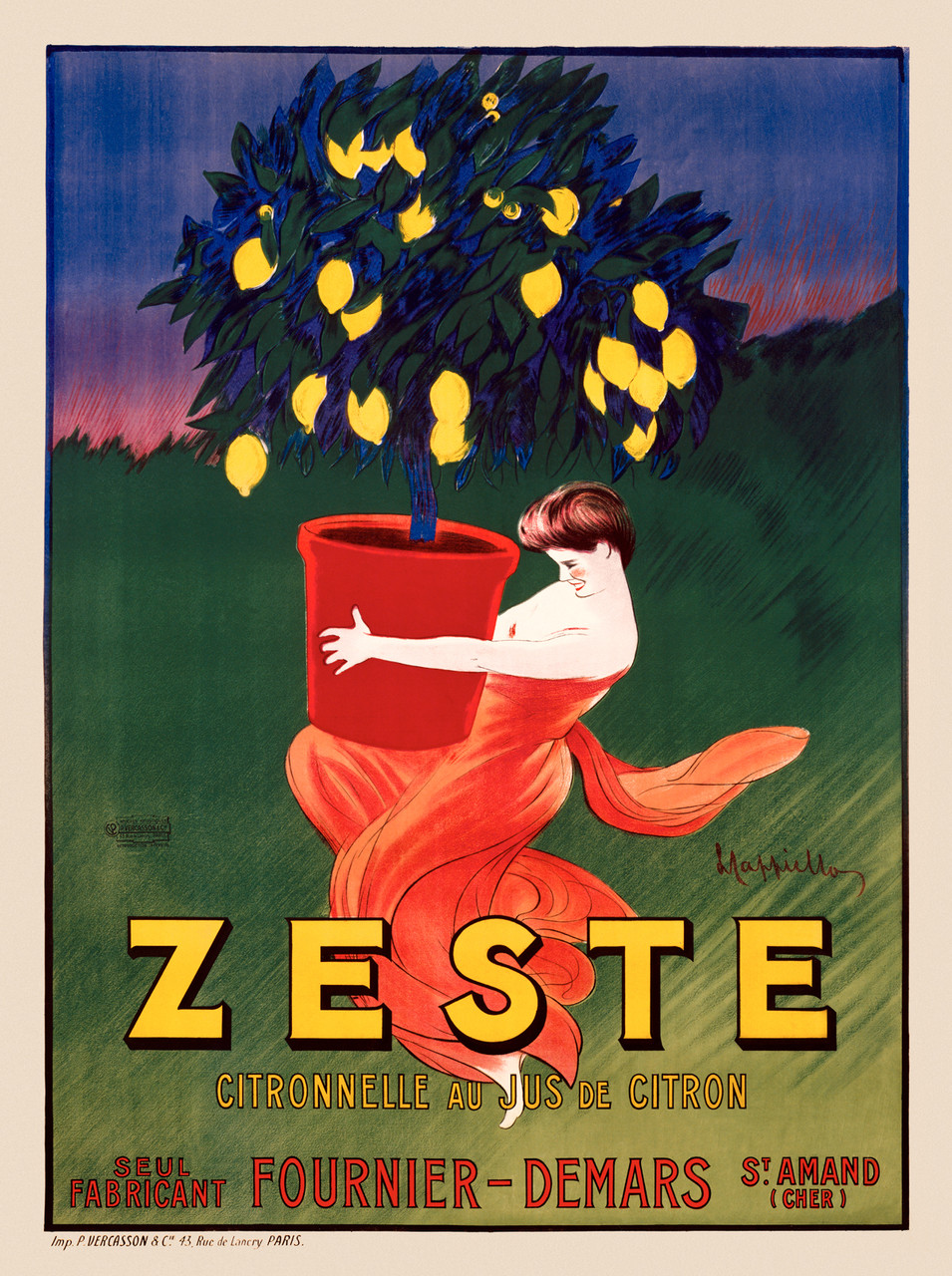 Zeste Citronnelle Au Jus De Citron Vintage Poster by Leonetto Cappiello 1906 French Citrus Advertisement – High Quality Giclee Reproduction Fine Art Print. Featuring a woman in a flowing red dress carrying a potted lemon tree, set against a colorful background with lemons hanging from the tree.