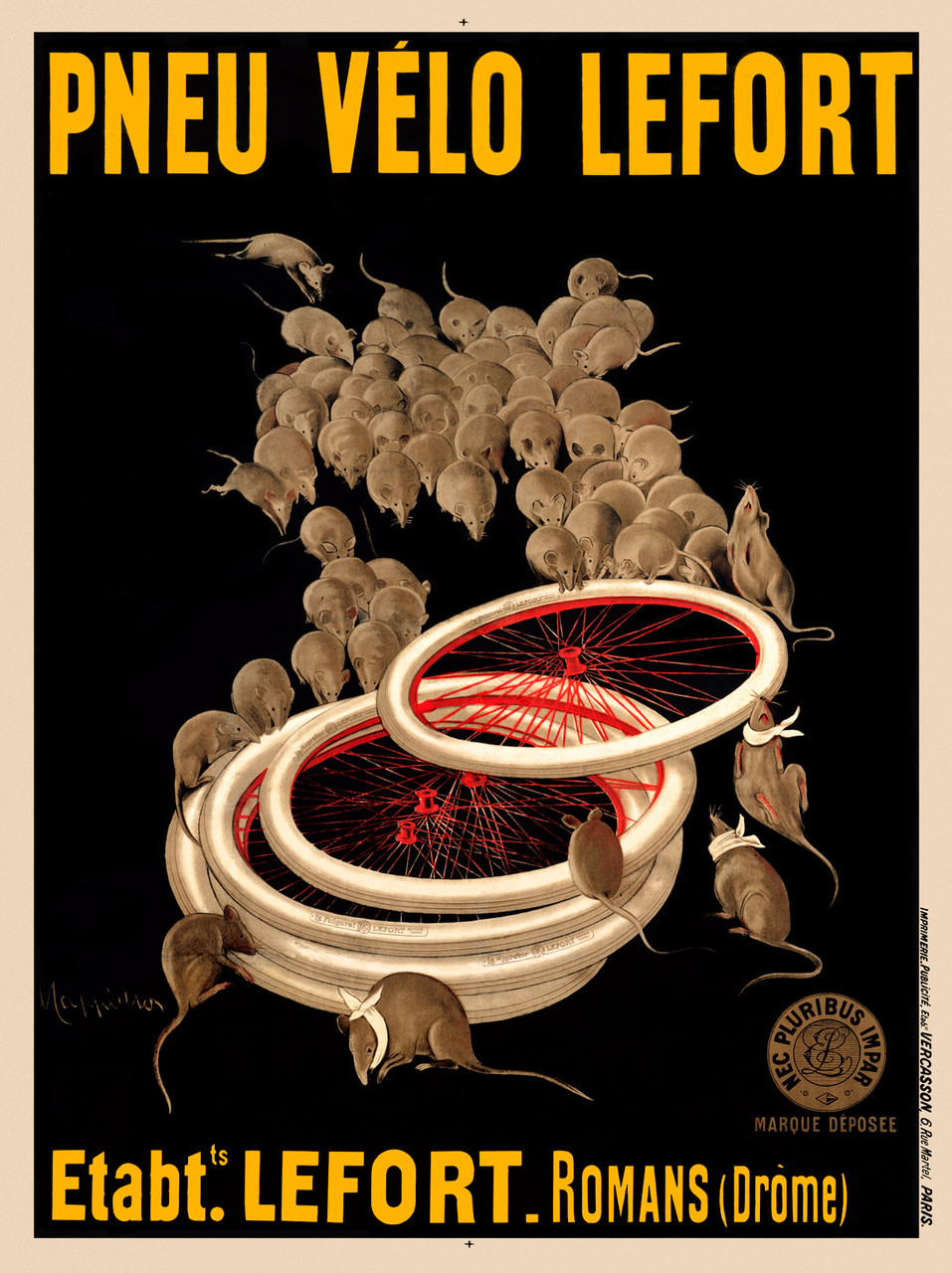 Pneu Velo Lefort by Leonetto Cappiello 1911 France Vintage Poster Reproduction. French poster features rats attacking bicycle tires. The wheels are white with red spokes on a black background. Giclee Advertising Prints.