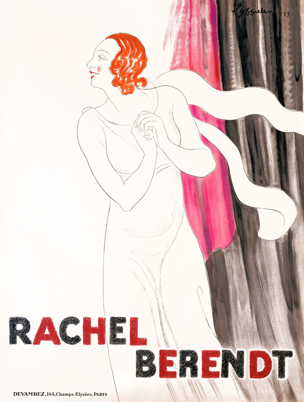 Rachel Berendt poster by L. Cappiello 1933 France - Beautiful Vintage Poster Reproduction. This vertical French poster advertises the famous Rachel Brendt. The The actress is shown in outline against a white background with red hair. Giclee Advertising Prints
