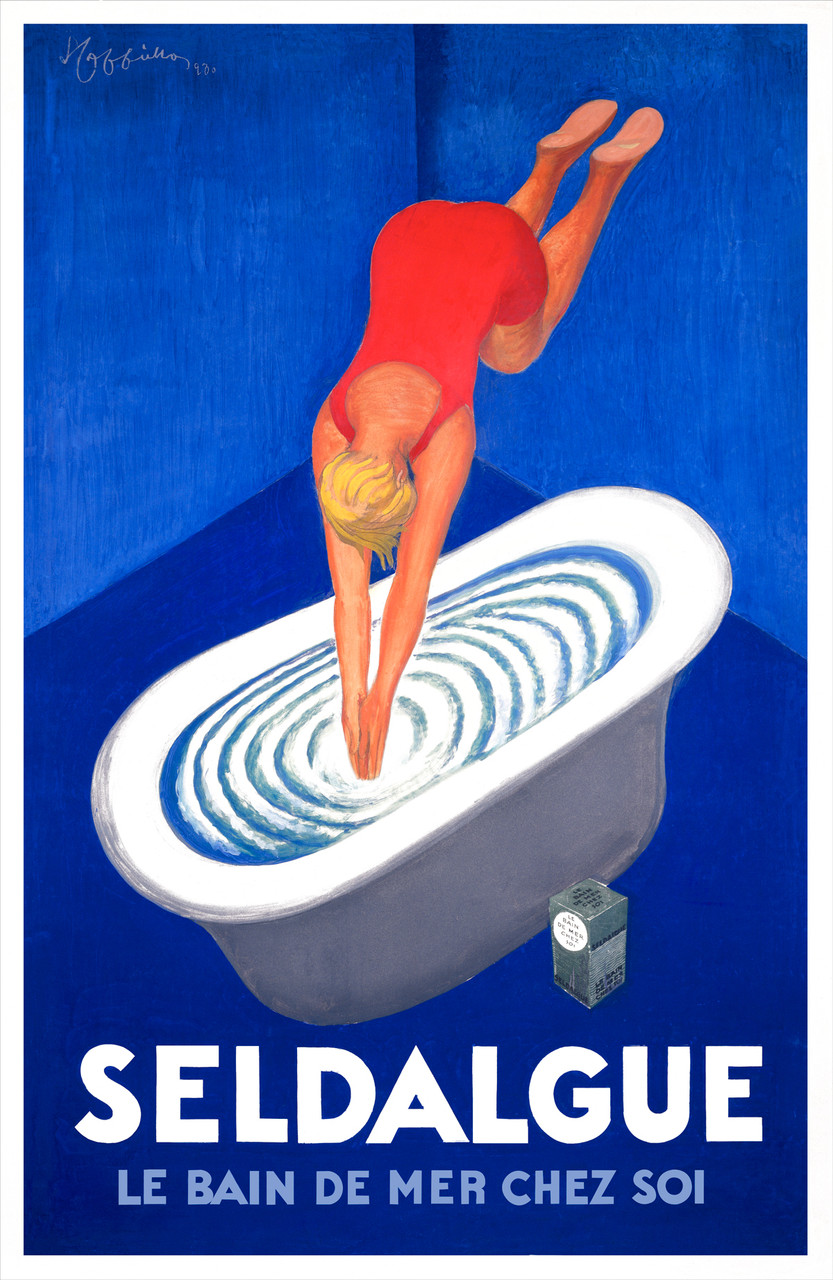 Seldalgue Le Bain Poster by L. Cappiello 1920 France - Beautiful Vintage Poster Reproduction. French poster shows a woman in a red bathing suit diving into a bath tub. The white tub is in a blue bathroom. Giclee Advertising Prints. Classic Posters.