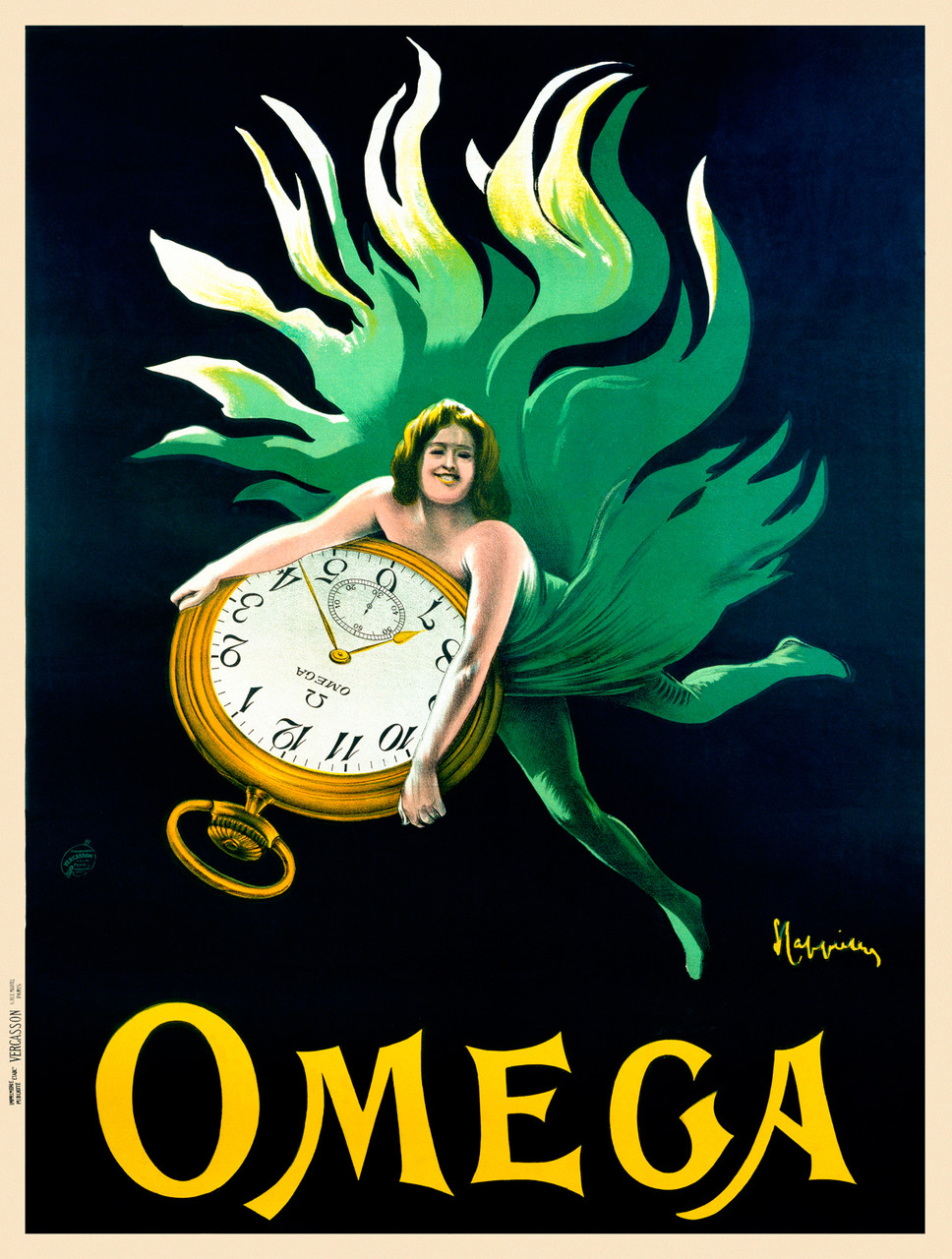 Omega Watches poster by Leonetto Cappiello - Beautiful Vintage Poster Reproduction. French poster features a women in green flowing fabric floating on a black background holding a pocket watch. Giclee advertising prints. Classic Posters