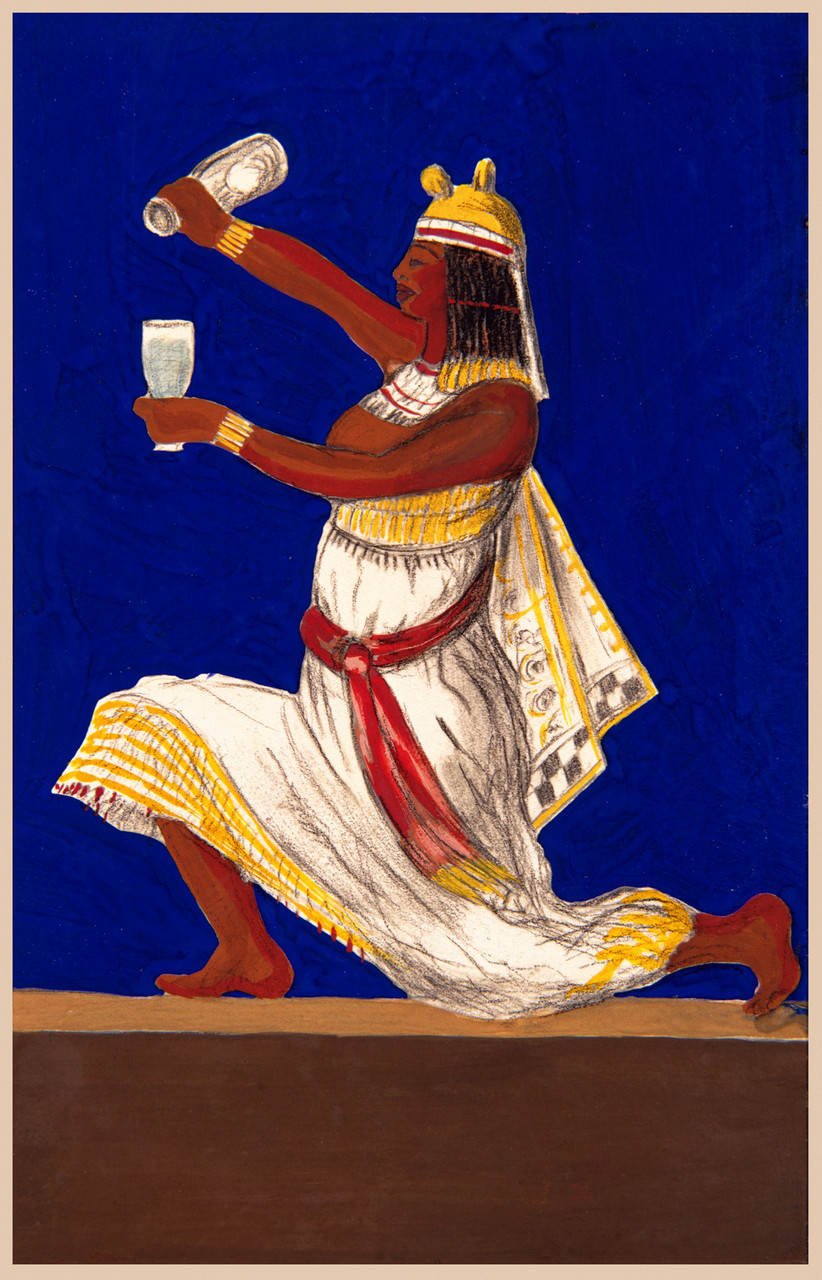 Egyptian Water Ad Poster Print by L. Cappiello - Beautiful Vintage Posters Reproductions. This vertical French poster features an Egyptian lunging as they pour water into a glass. The background is blue and brown. Giclee advertising prints. Classic Posters