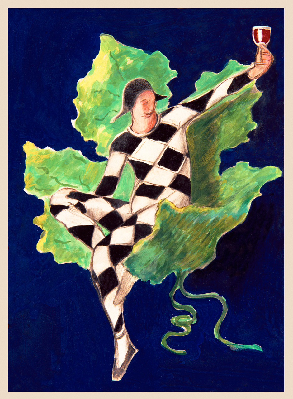 Liqueur Vintage Poster by Leonetto Cappiello 1920 French Wine & Spirits Advertisement – High Quality Giclee Reproduction Fine Art Print. Featuring a harlequin in a black and white costume, sitting on a grape leaf while holding a glass of wine, with a deep blue background.