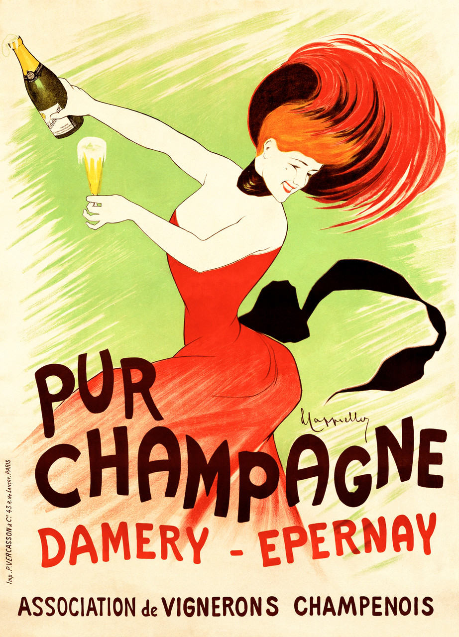 Pur Champagne Damery Poster by Leonetto Cappiello Vintage Poster Reproduction. French champagne (wine and spirits) advertisement features a woman in a red dress drinking a glass of champagne.